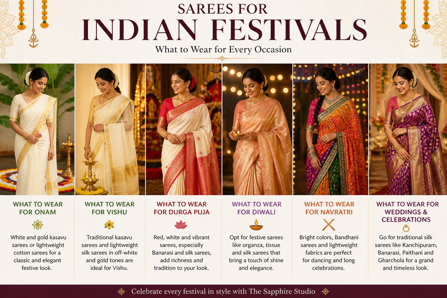 sarees for Indian festivals onam vishu diwali navratri wedding saree styles what to wear for onam vishu diwali saree guide festive sarees India Indian festival saree styles banarasi kanchipuram paithani organza festive looks