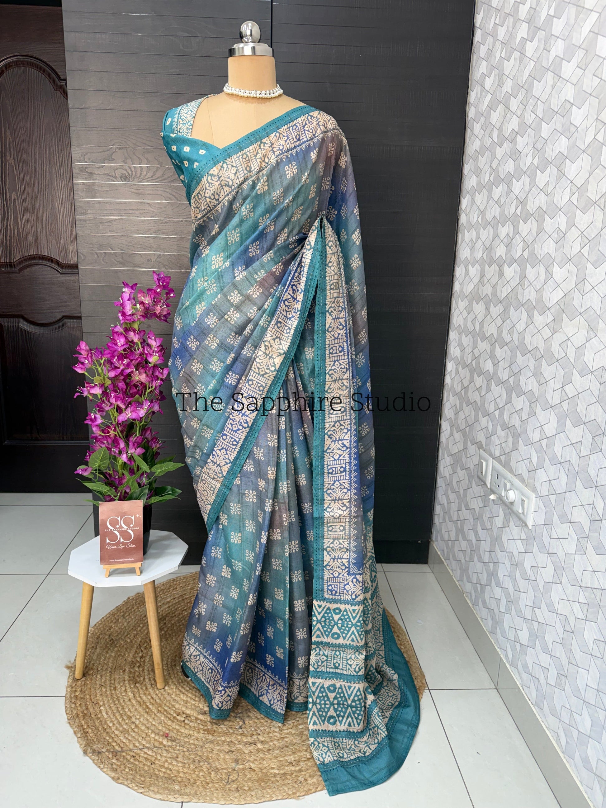 Teal Mist Tussar Saree with Sea Green Contrast Blouse