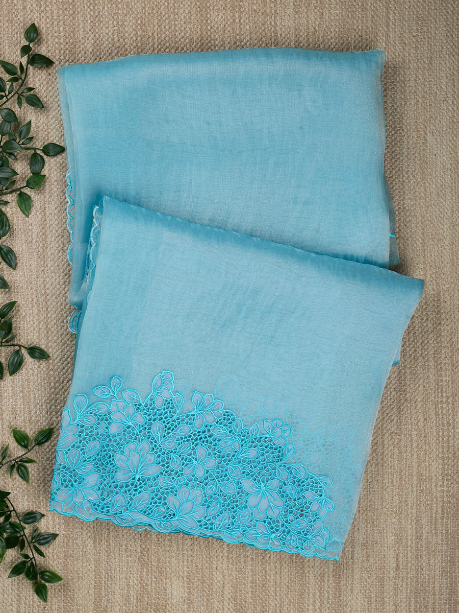 Blue Bloom Appliqué Organza Saree