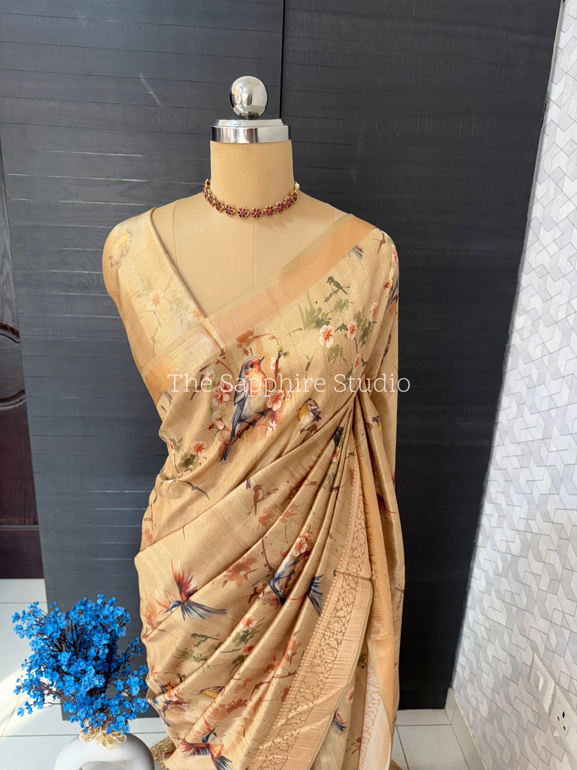 Buttery Soft Tussar Silk Bird Print Saree