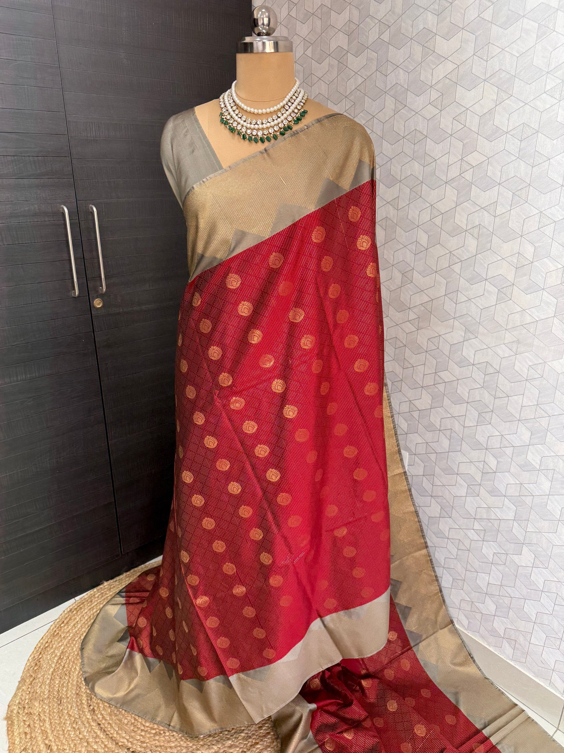 Red Kanchipuram Silk Saree with Silver Zari Border