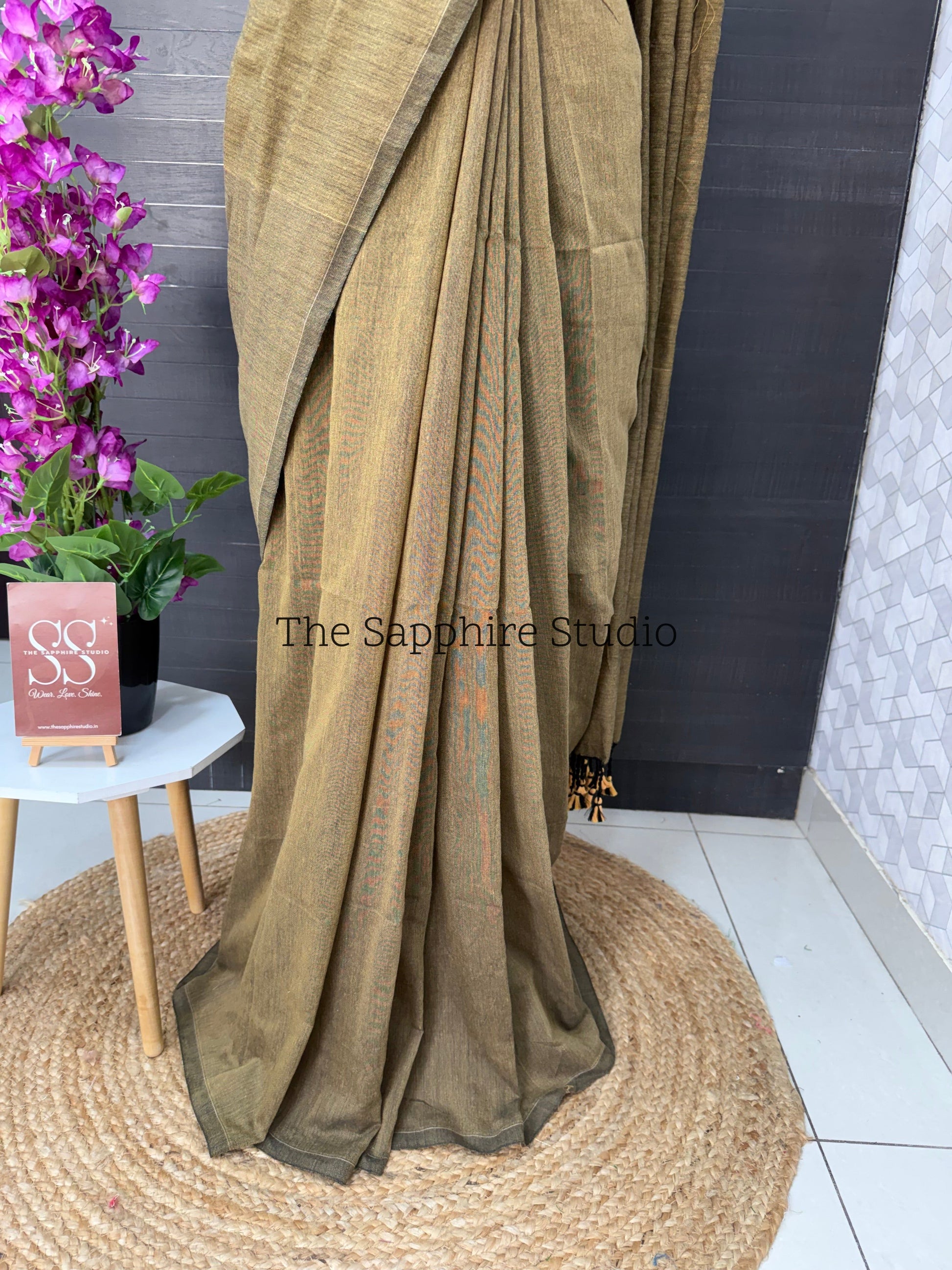 Beige Sand khadi cotton saree with Kalamkari Contrast Blouse