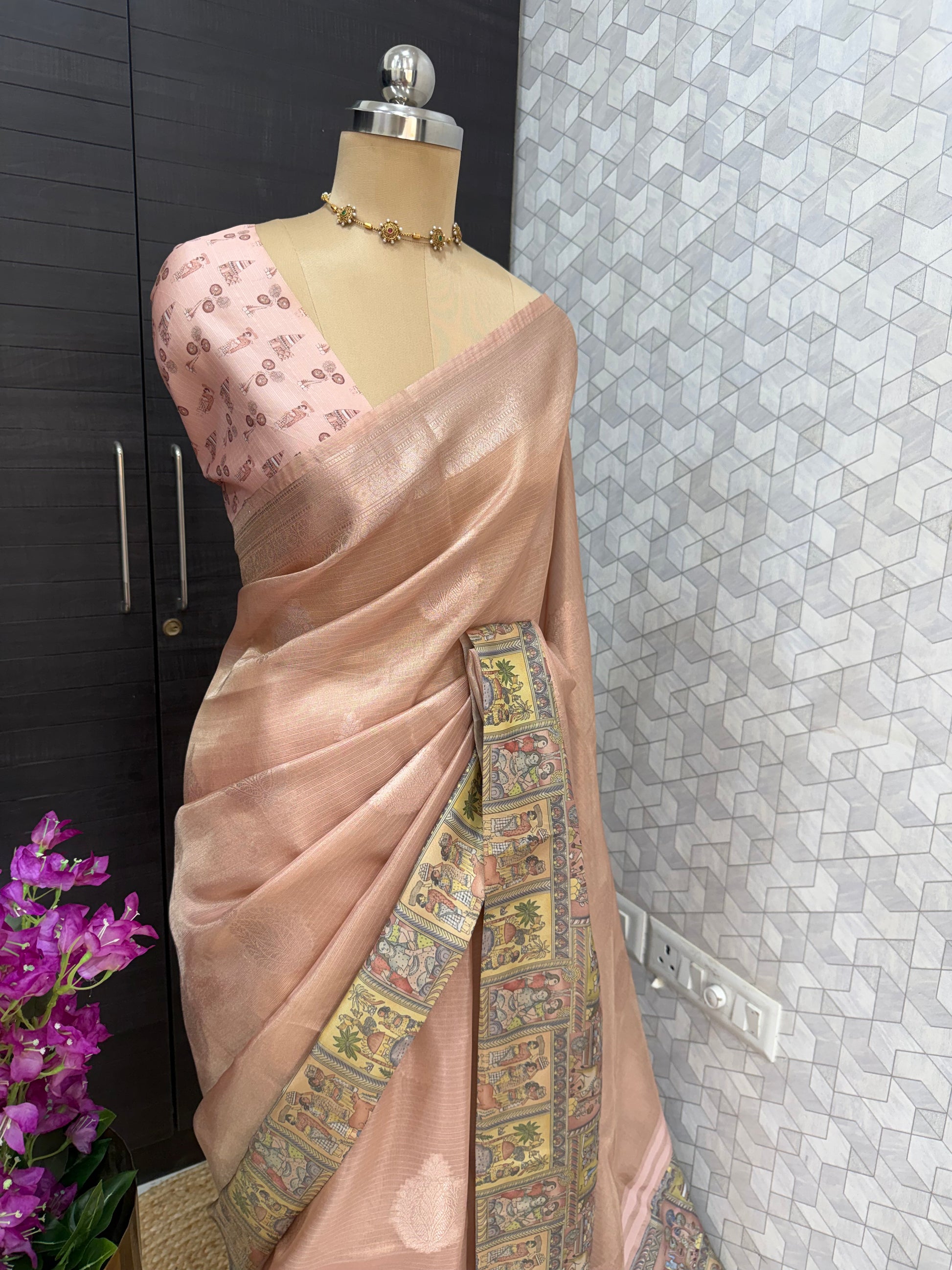 Blush Heritage Print Border Tissue saree
