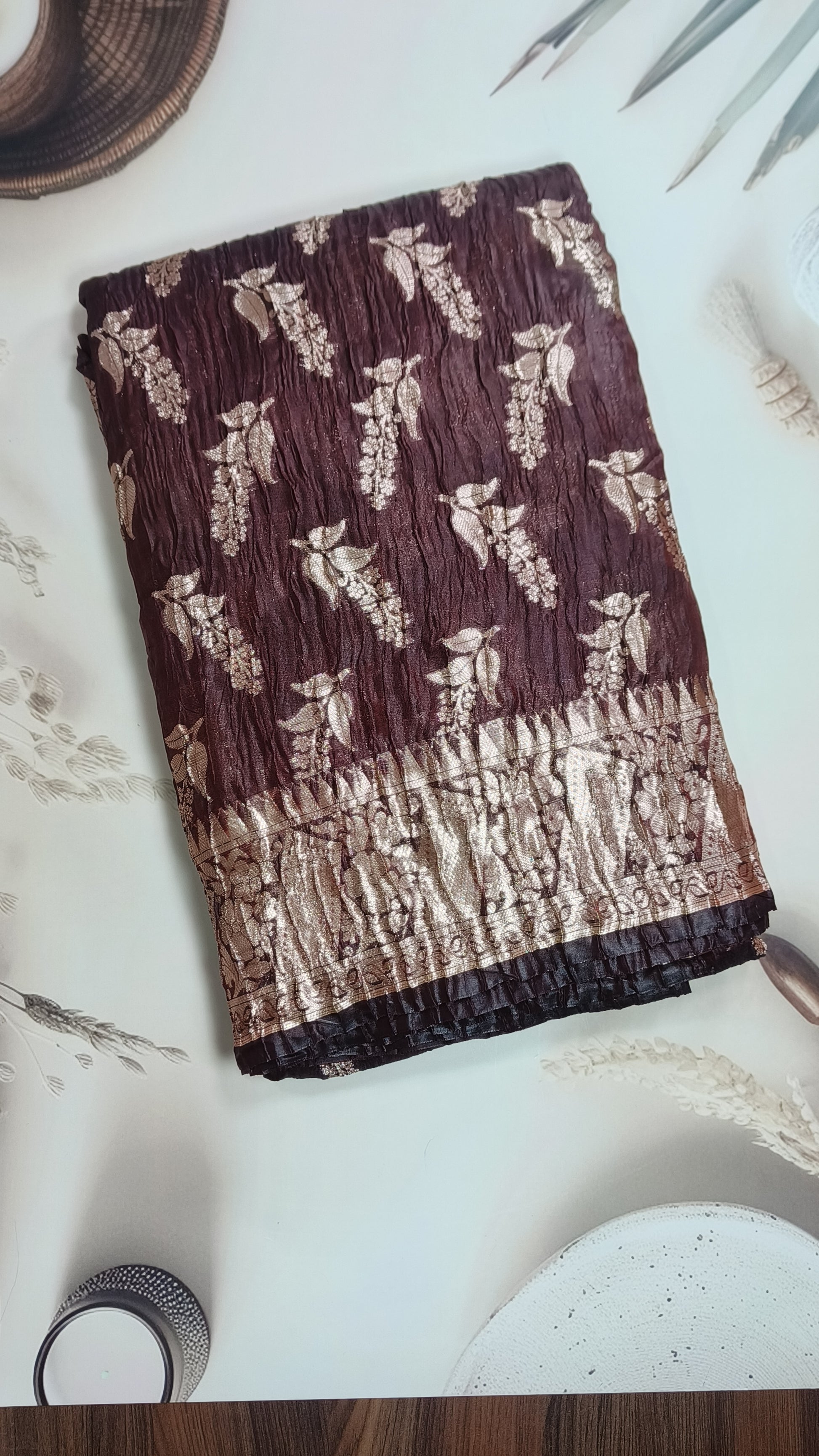 Maroon Crushed Banarasi Saree – Lightweight, Textured & Elegant