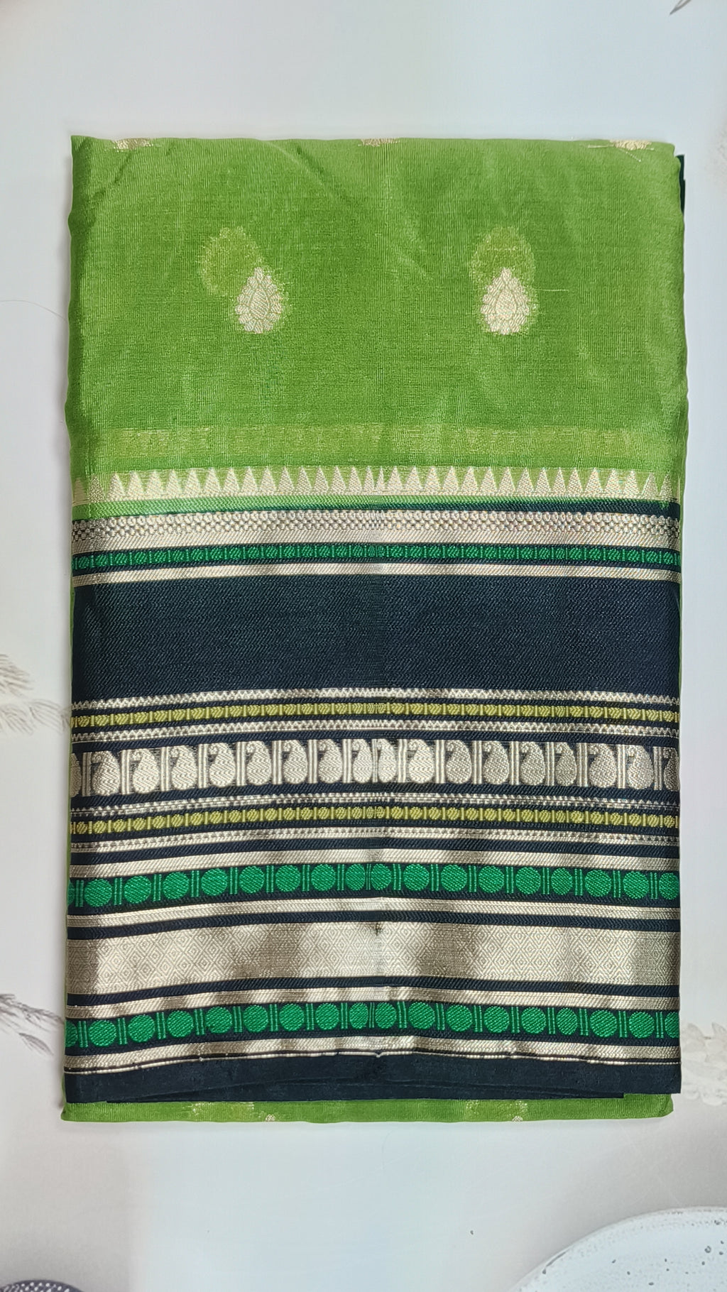 Green & Black Banarasi Chiniya Silk Saree with Zari Border