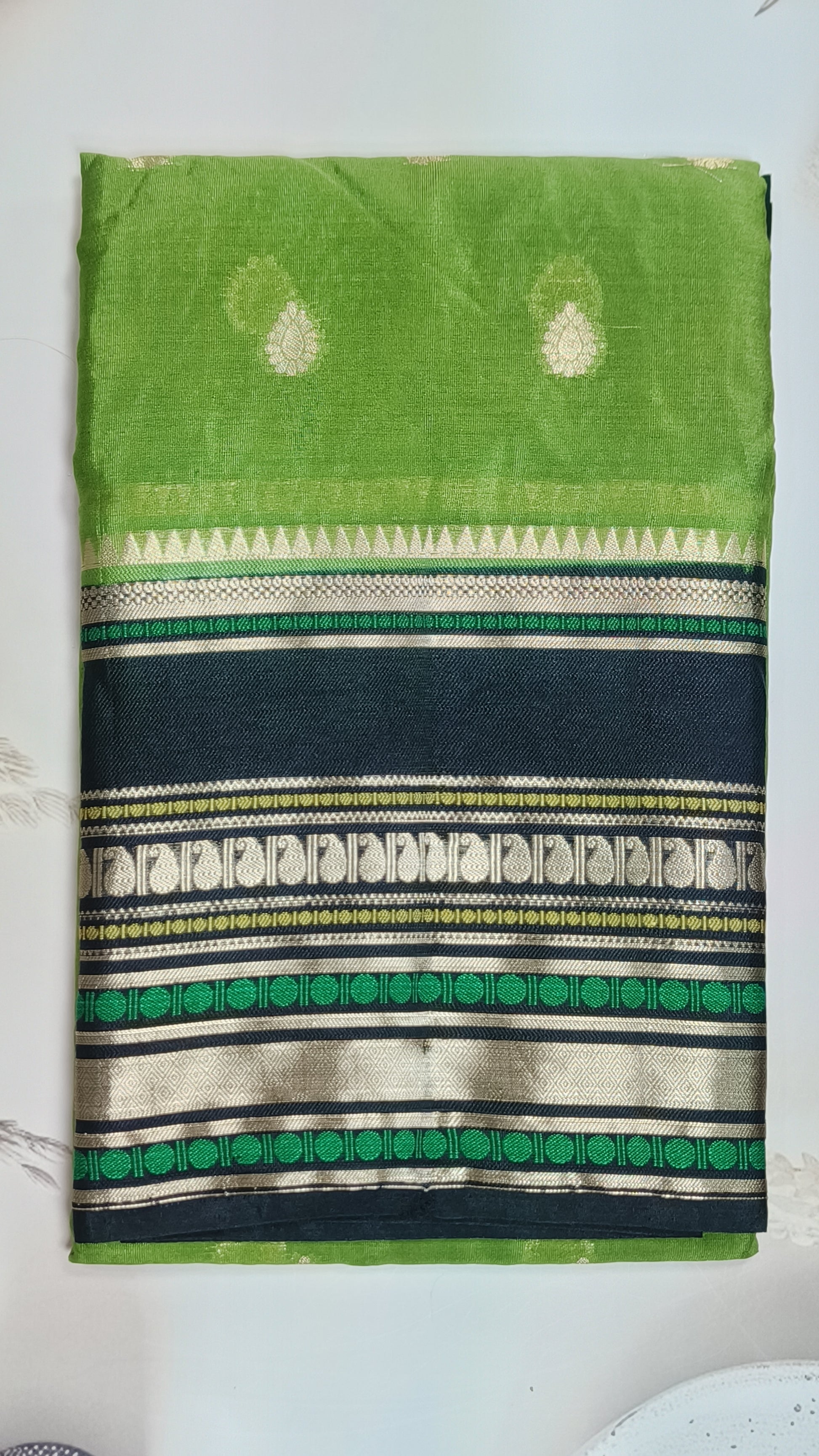 Green & Black Banarasi Chiniya Silk Saree with Zari Border