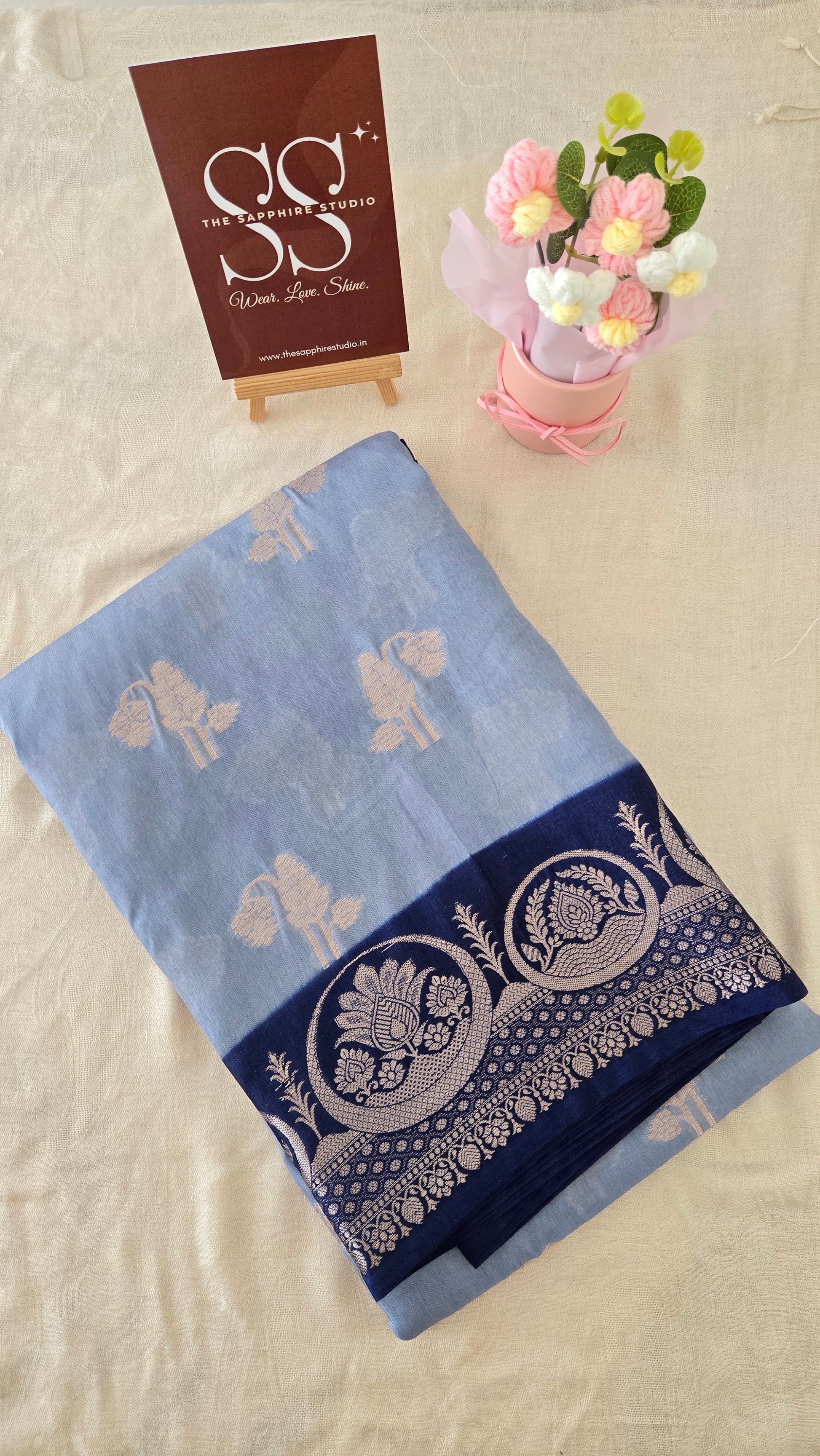 Blue Banarasi Georgette Saree with Navy Border & Silver Zari