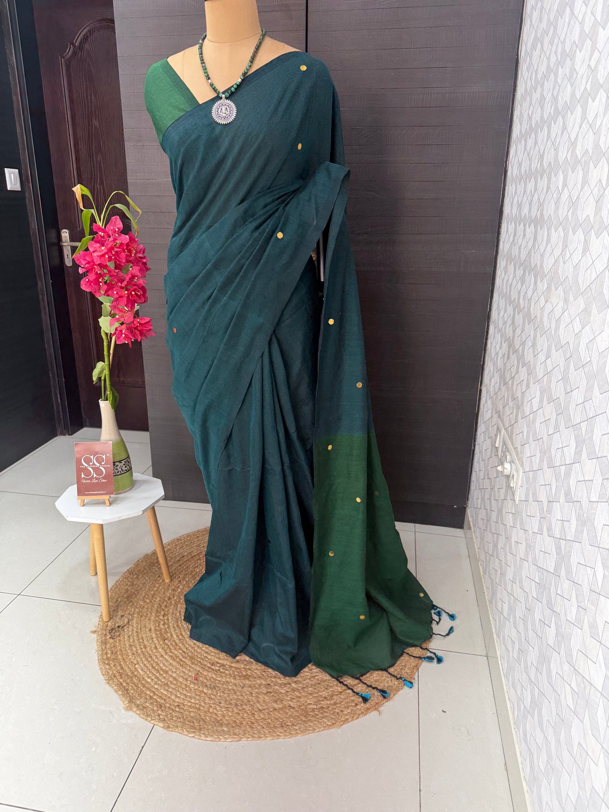 Deep Teal & Bottle Green Khadi Cotton Saree