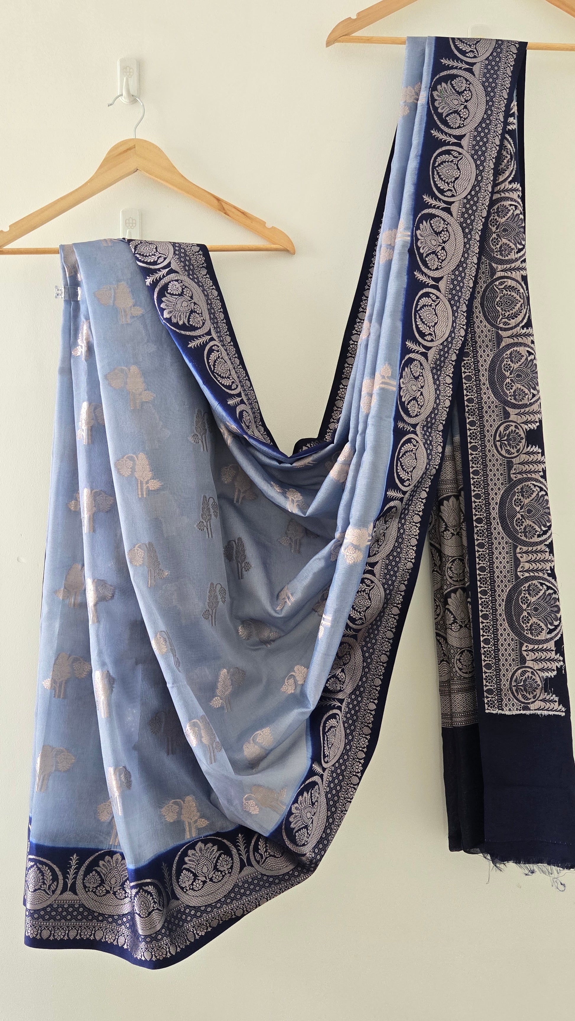 Blue Banarasi Georgette Saree with Navy Border & Silver Zari