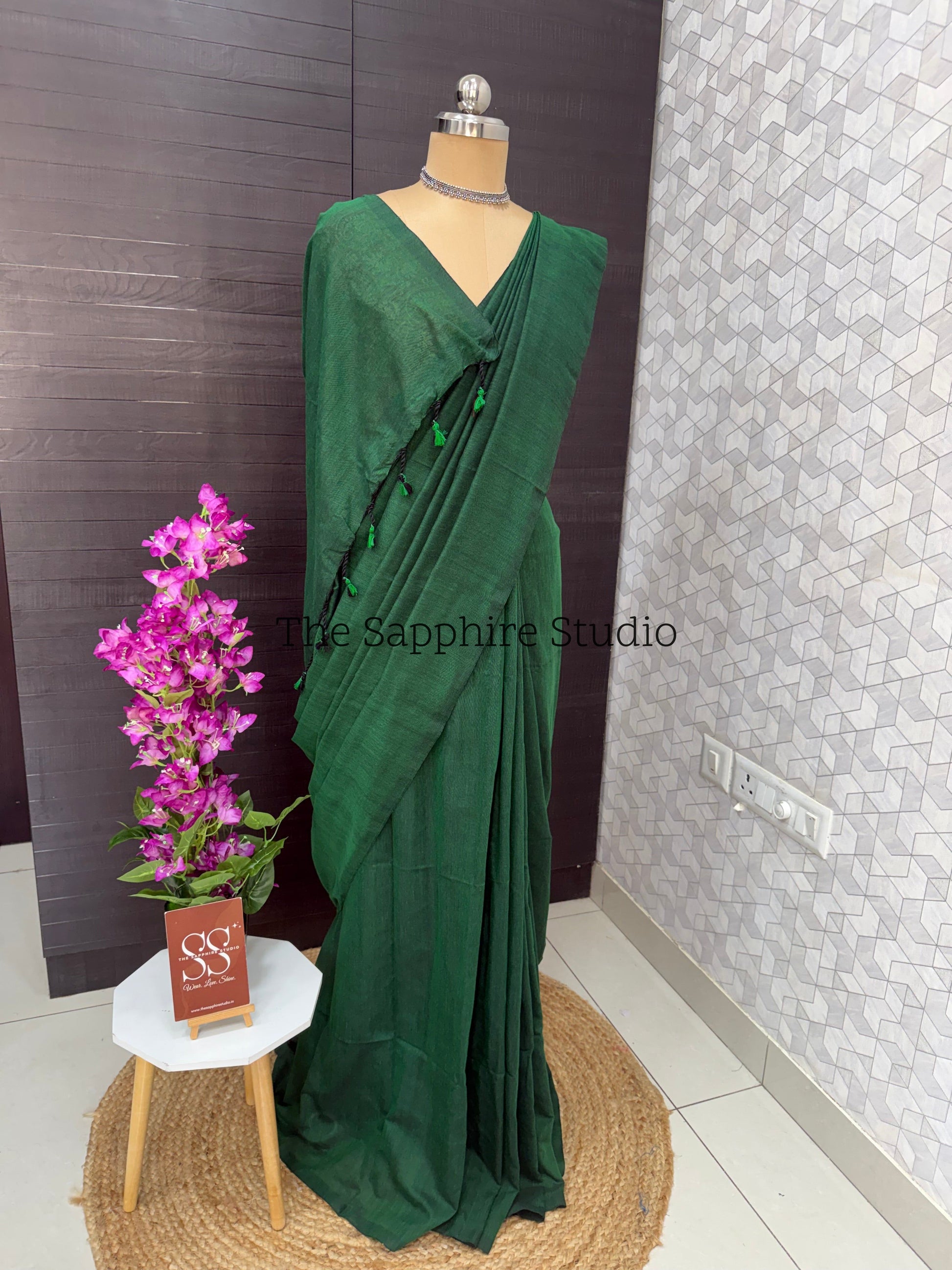 Green khadi cotton saree with Ethnic Contrast Blouse