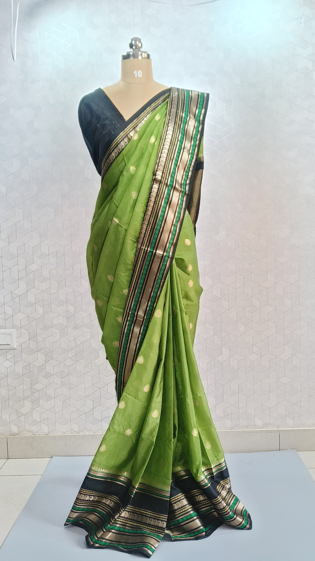 Green & Black Banarasi Chiniya Silk Saree with Zari Border