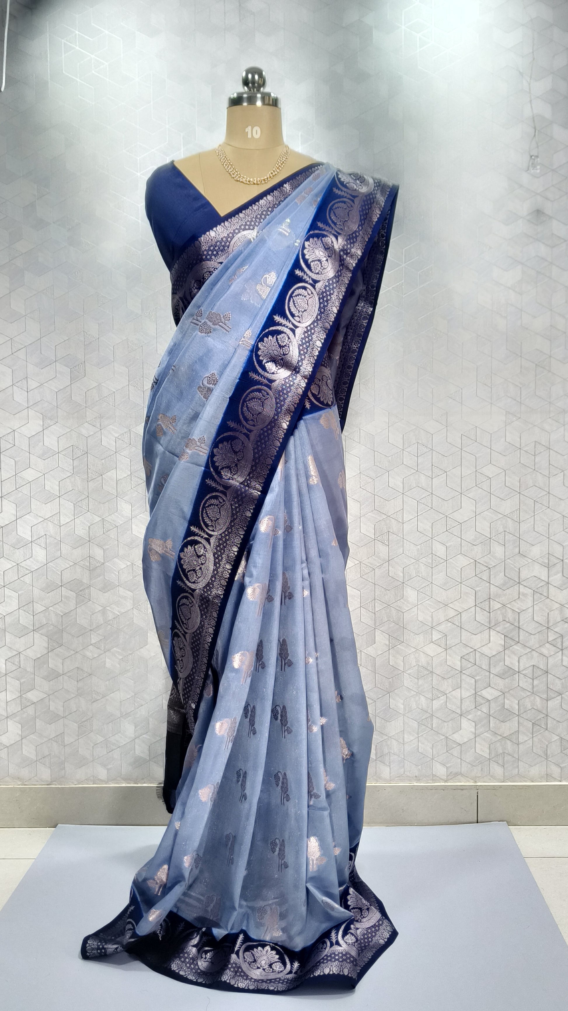 Blue Banarasi Georgette Saree with Navy Border & Silver Zari