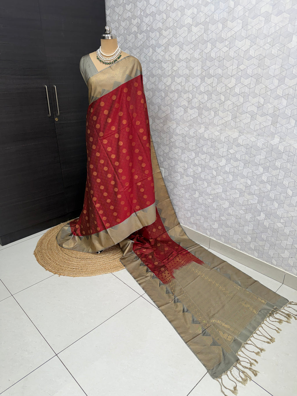 Red Kanchipuram Silk Saree with Silver Zari Border