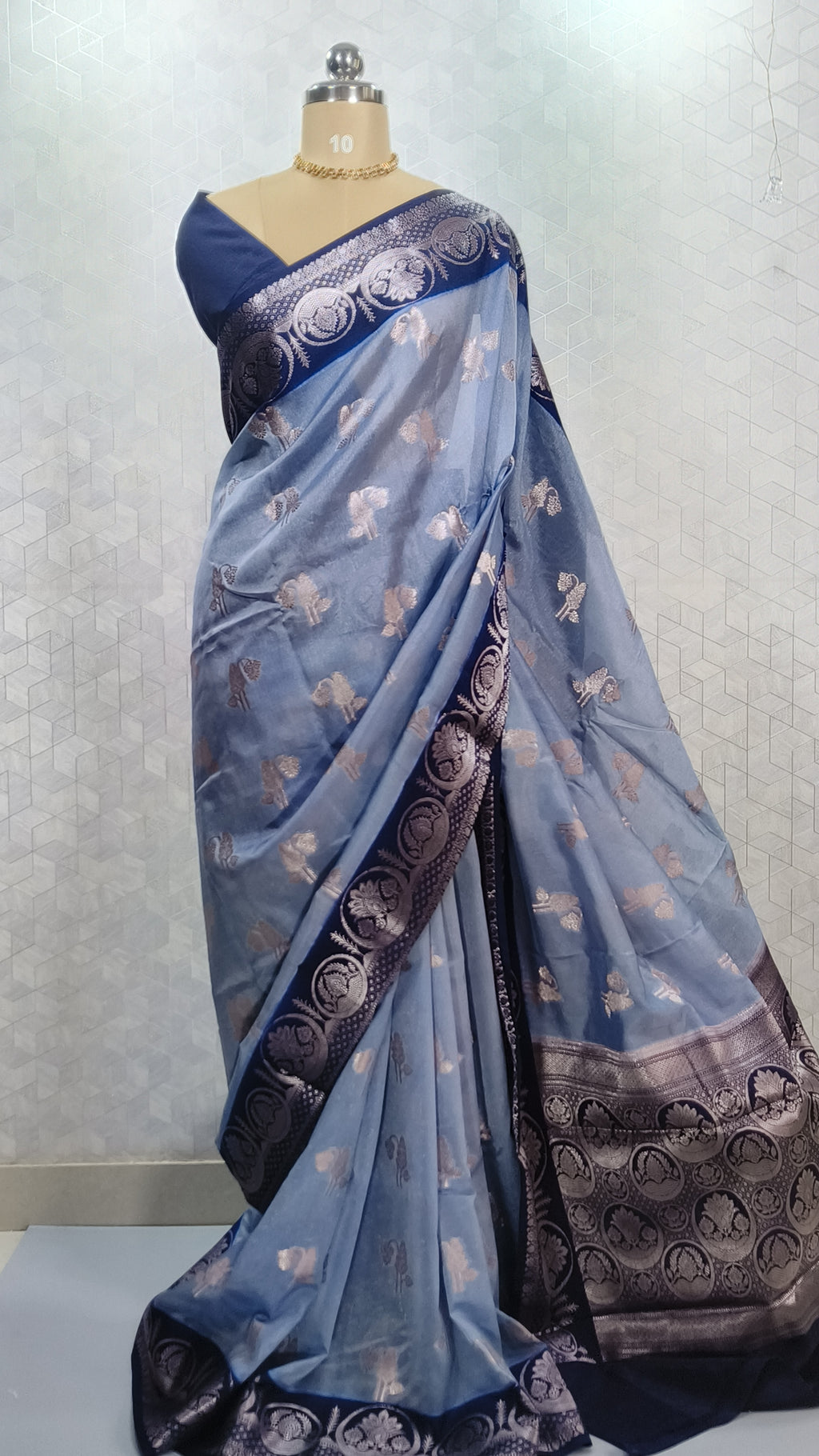 Blue Banarasi Georgette Saree with Navy Border & Silver Zari