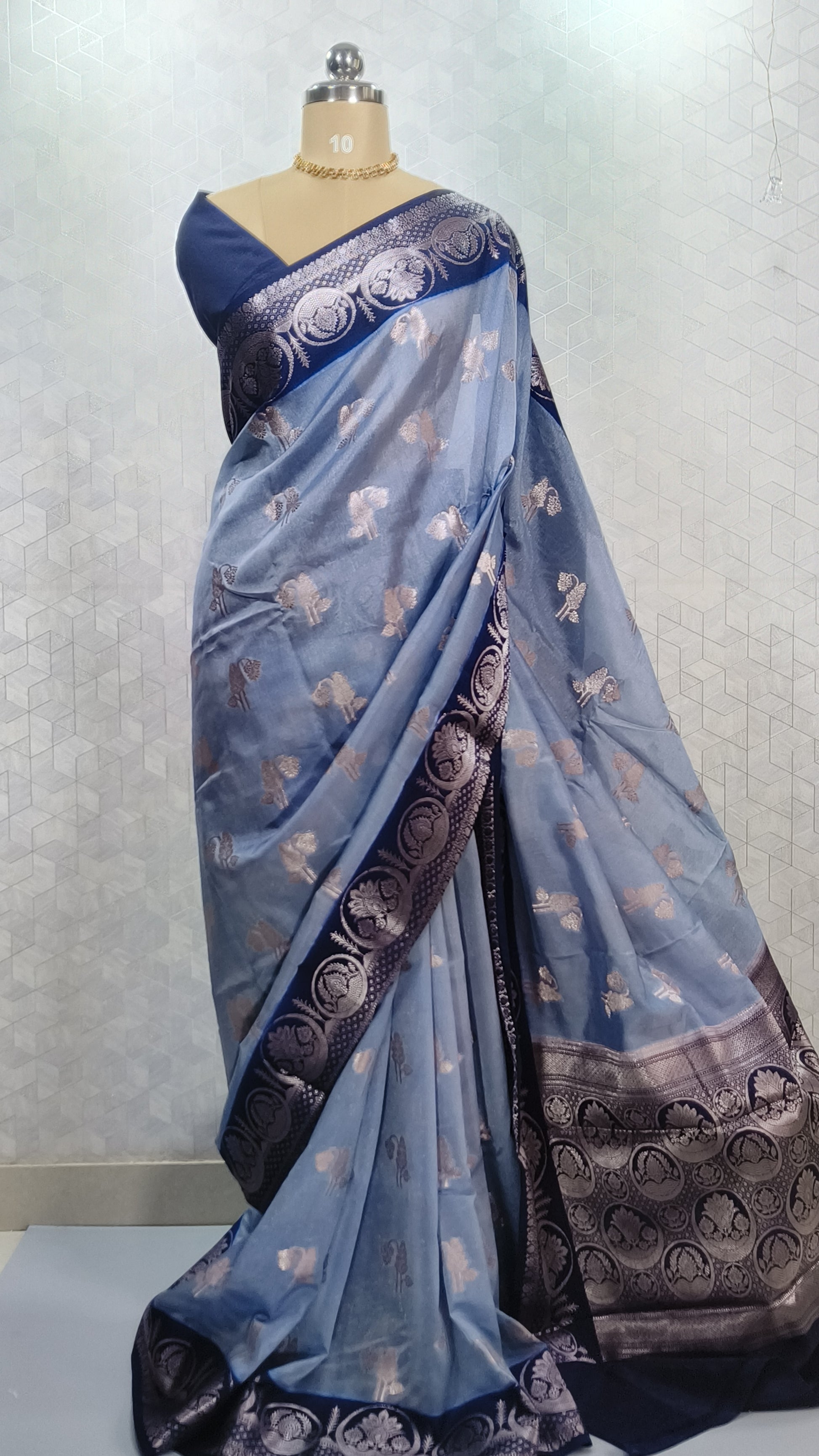Blue Banarasi Georgette Saree with Navy Border & Silver Zari