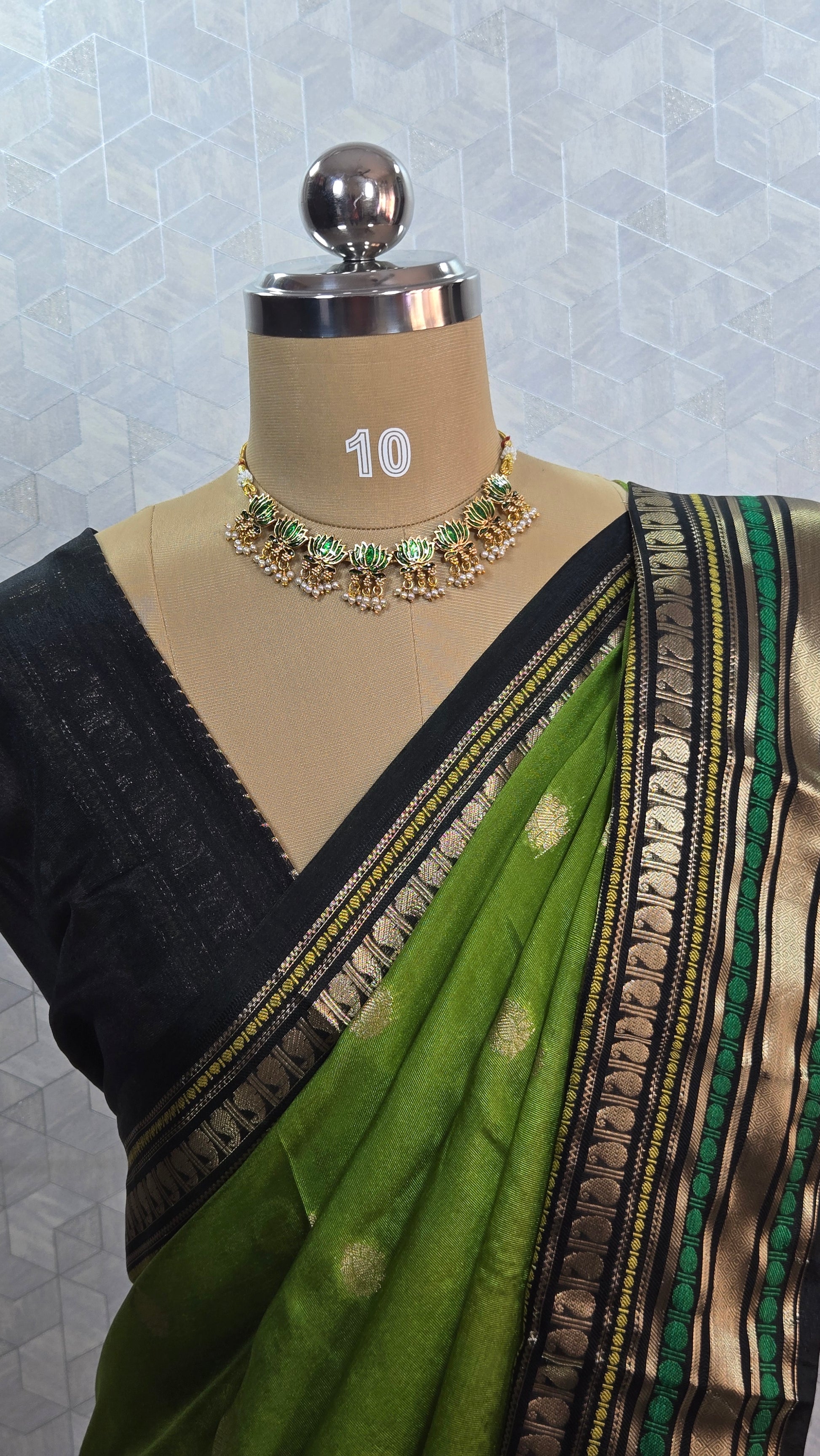 Green & Black Banarasi Chiniya Silk Saree with Zari Border
