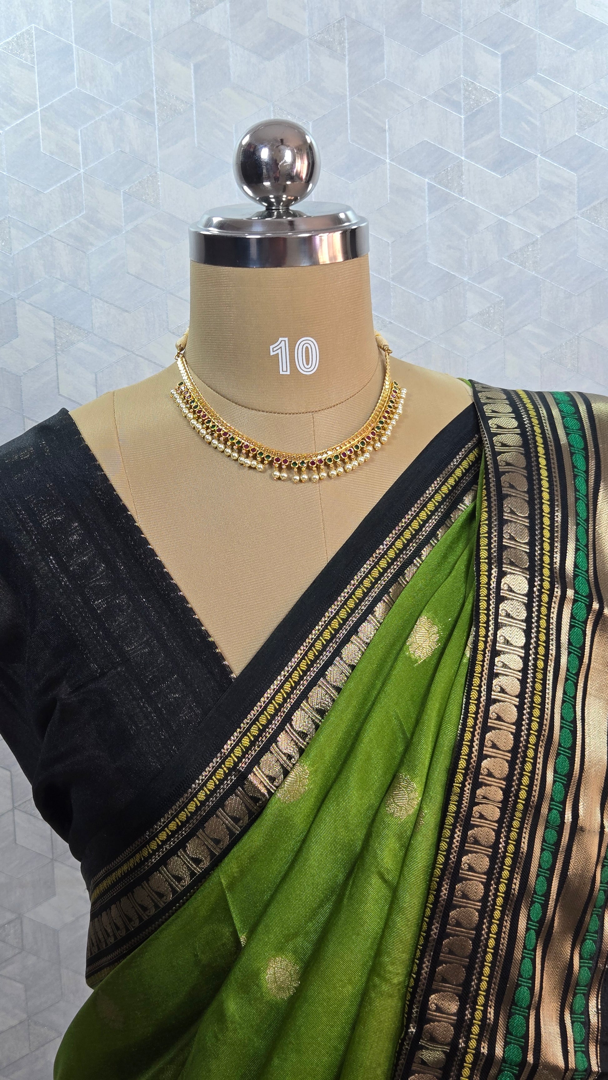 Green & Black Banarasi Chiniya Silk Saree with Zari Border