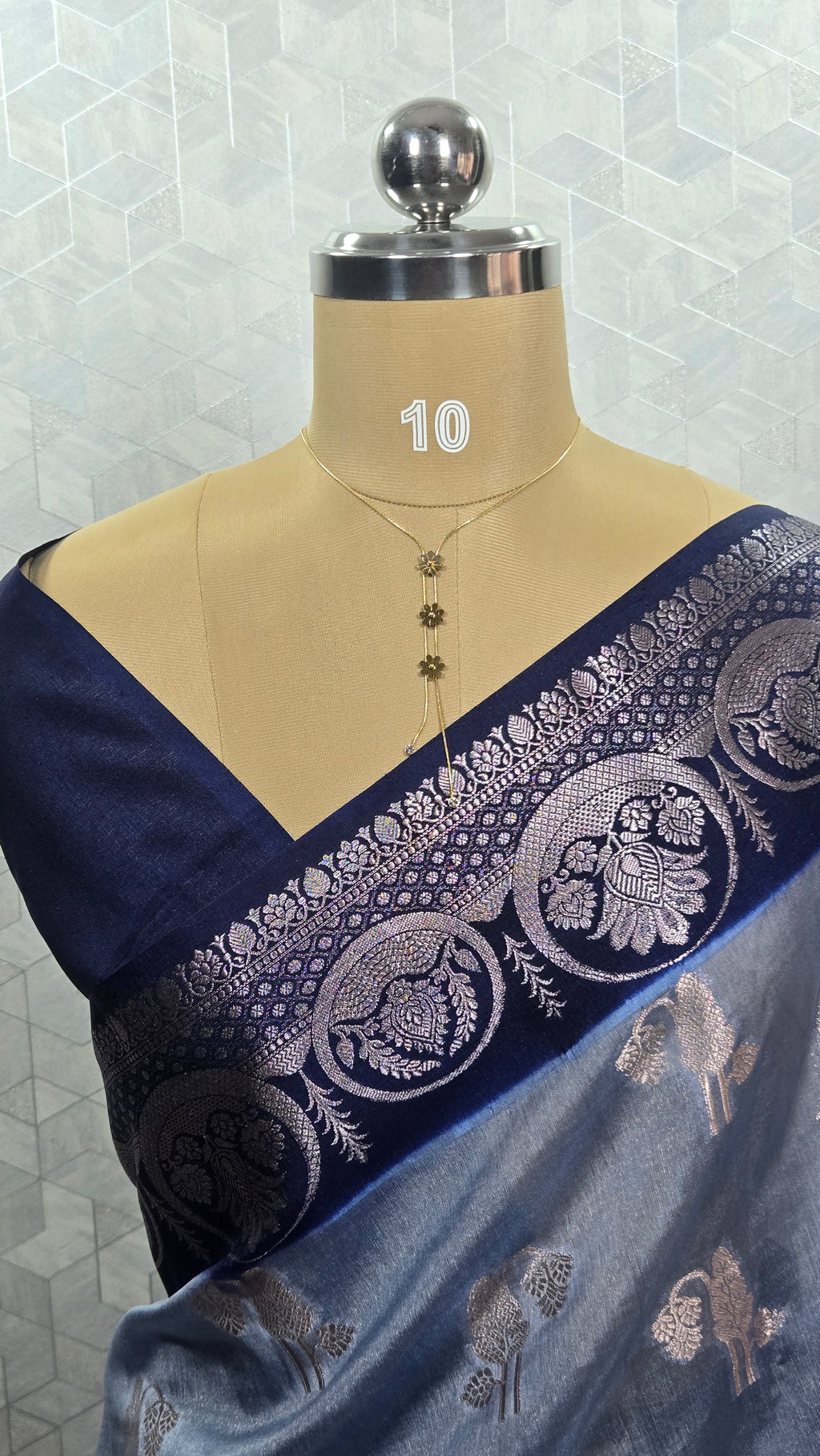 Blue Banarasi Georgette Saree with Navy Border & Silver Zari