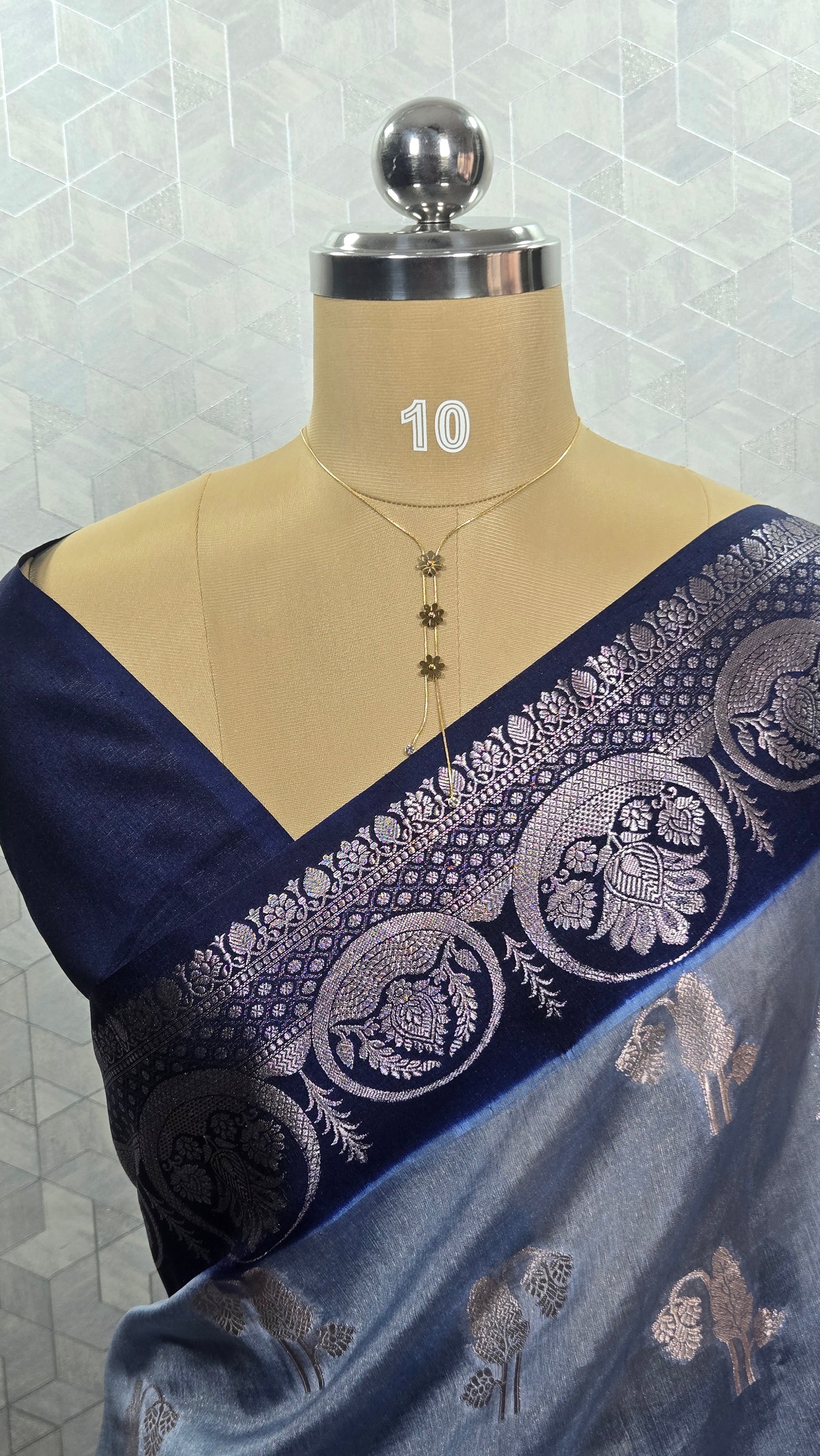 Blue Banarasi Georgette Saree with Navy Border & Silver Zari