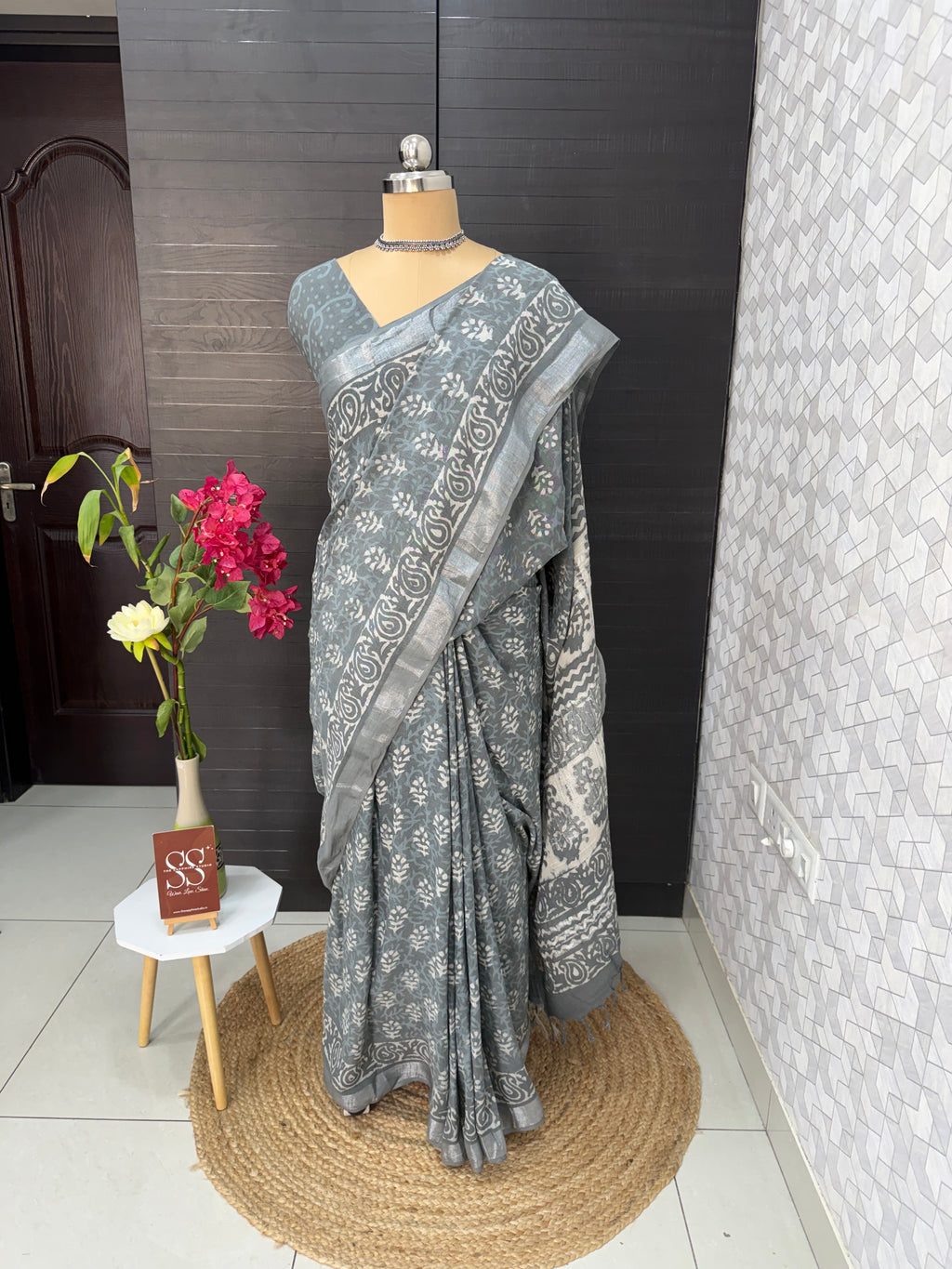 Grey Linen Bagru Saree with Running Blouse