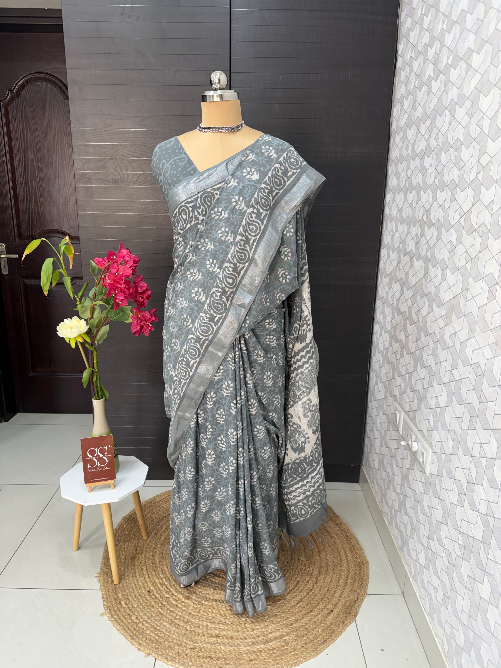 Grey Linen Bagru Saree with Running Blouse