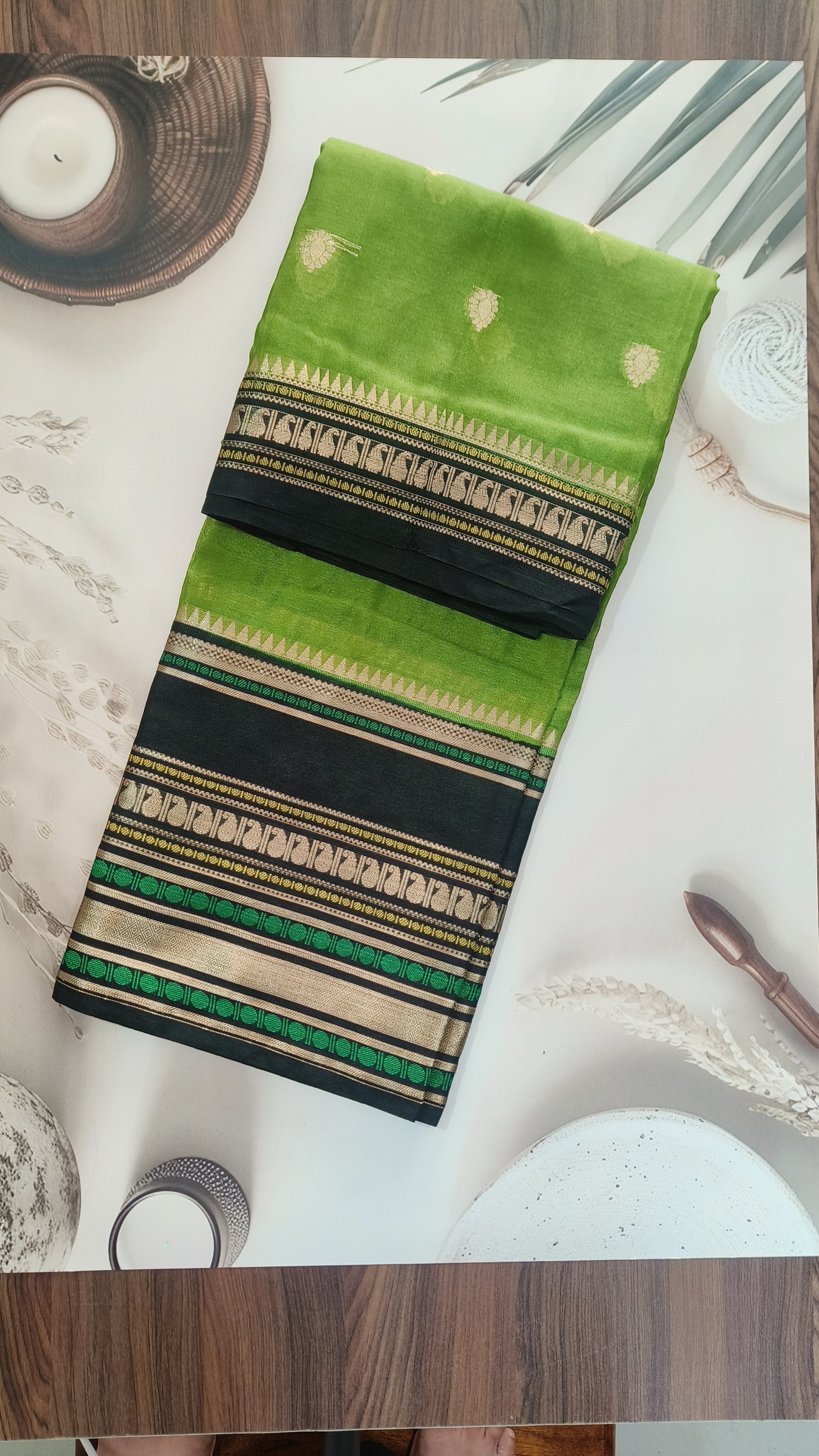 Green & Black Banarasi Chiniya Silk Saree with Zari Border