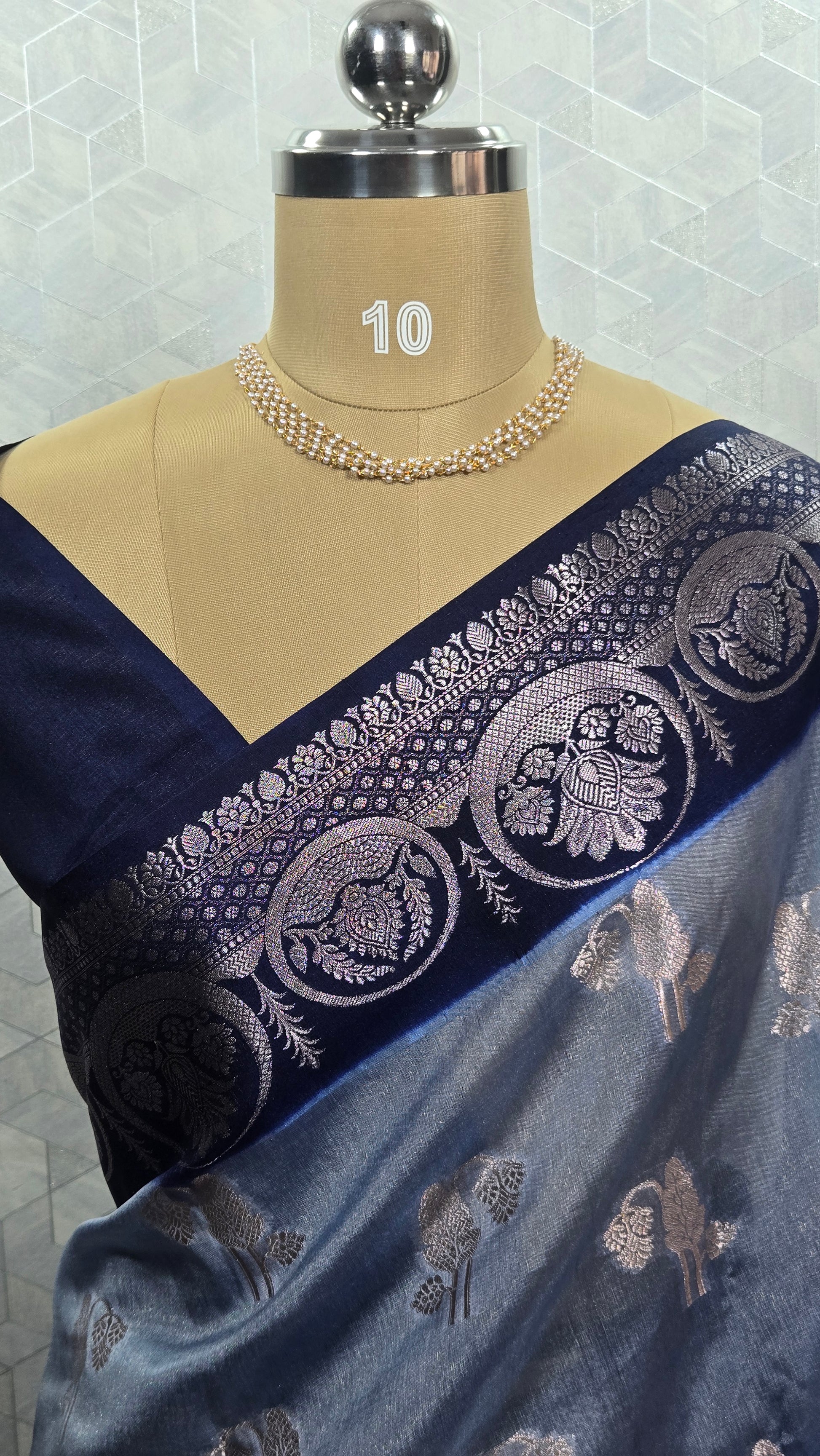 Blue Banarasi Georgette Saree with Navy Border & Silver Zari