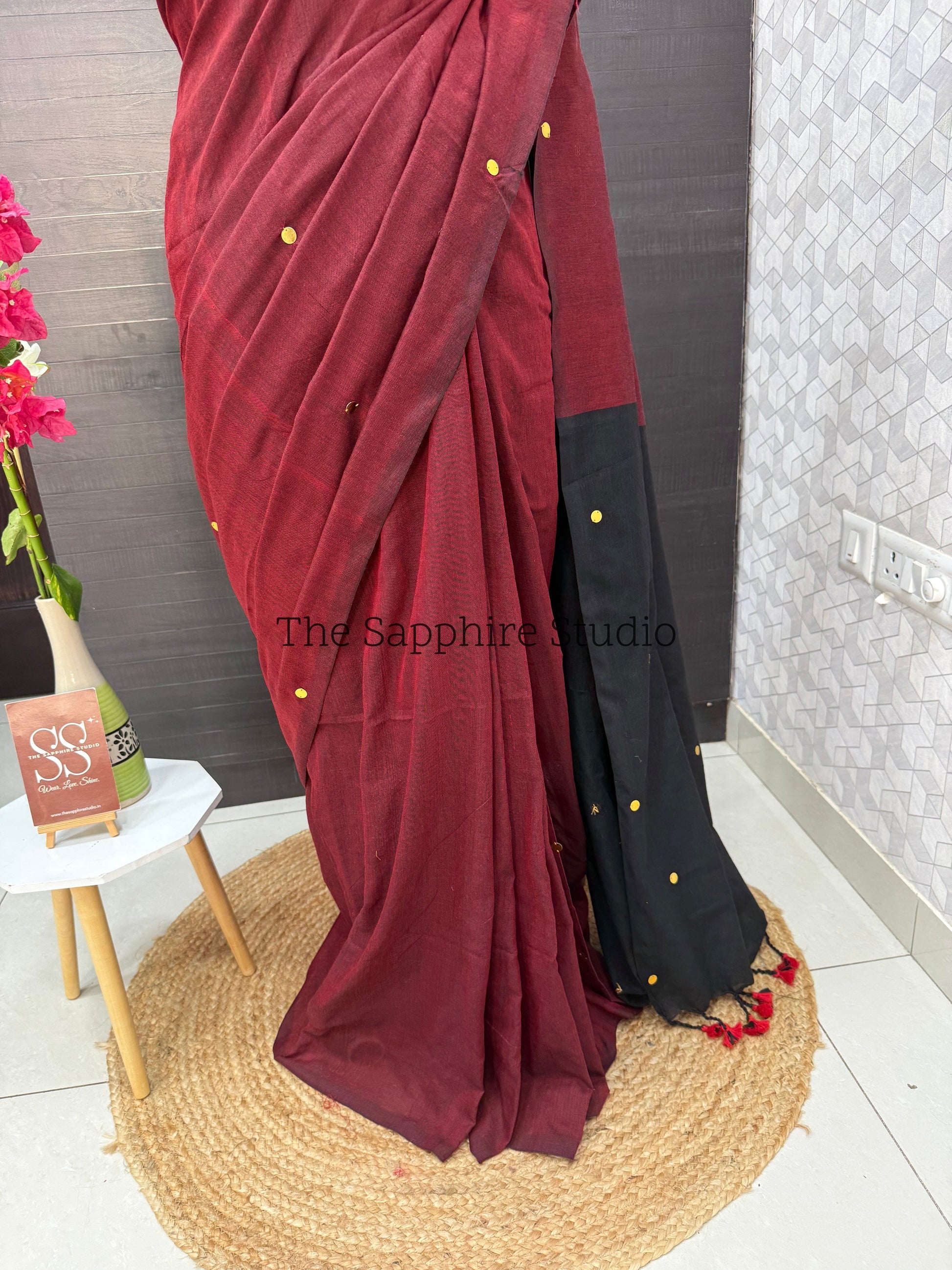 Brick Red & Black Khadi Cotton Saree