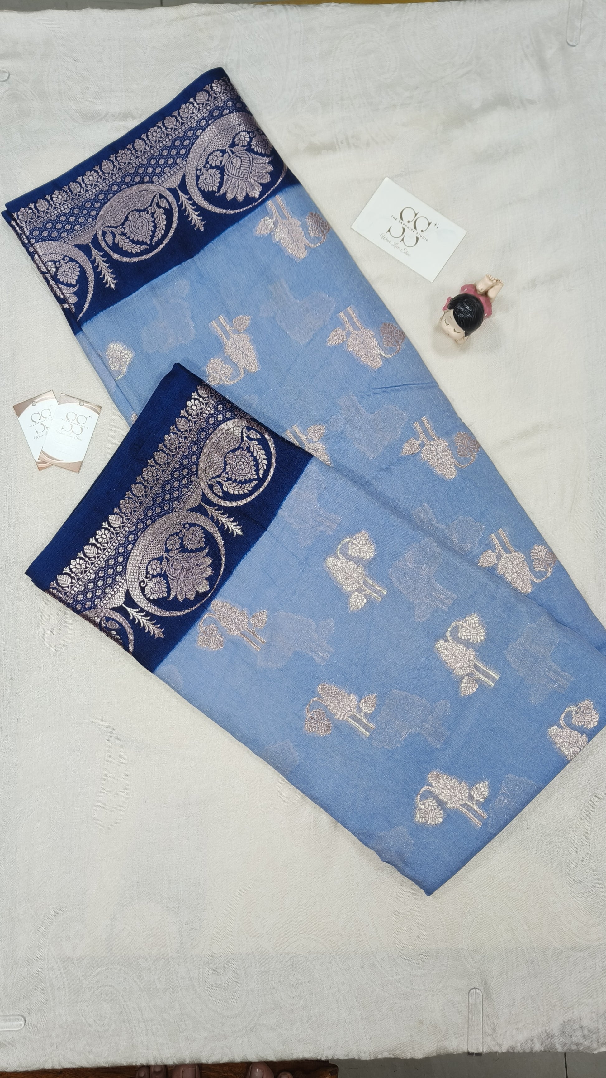 Blue Banarasi Georgette Saree with Navy Border & Silver Zari