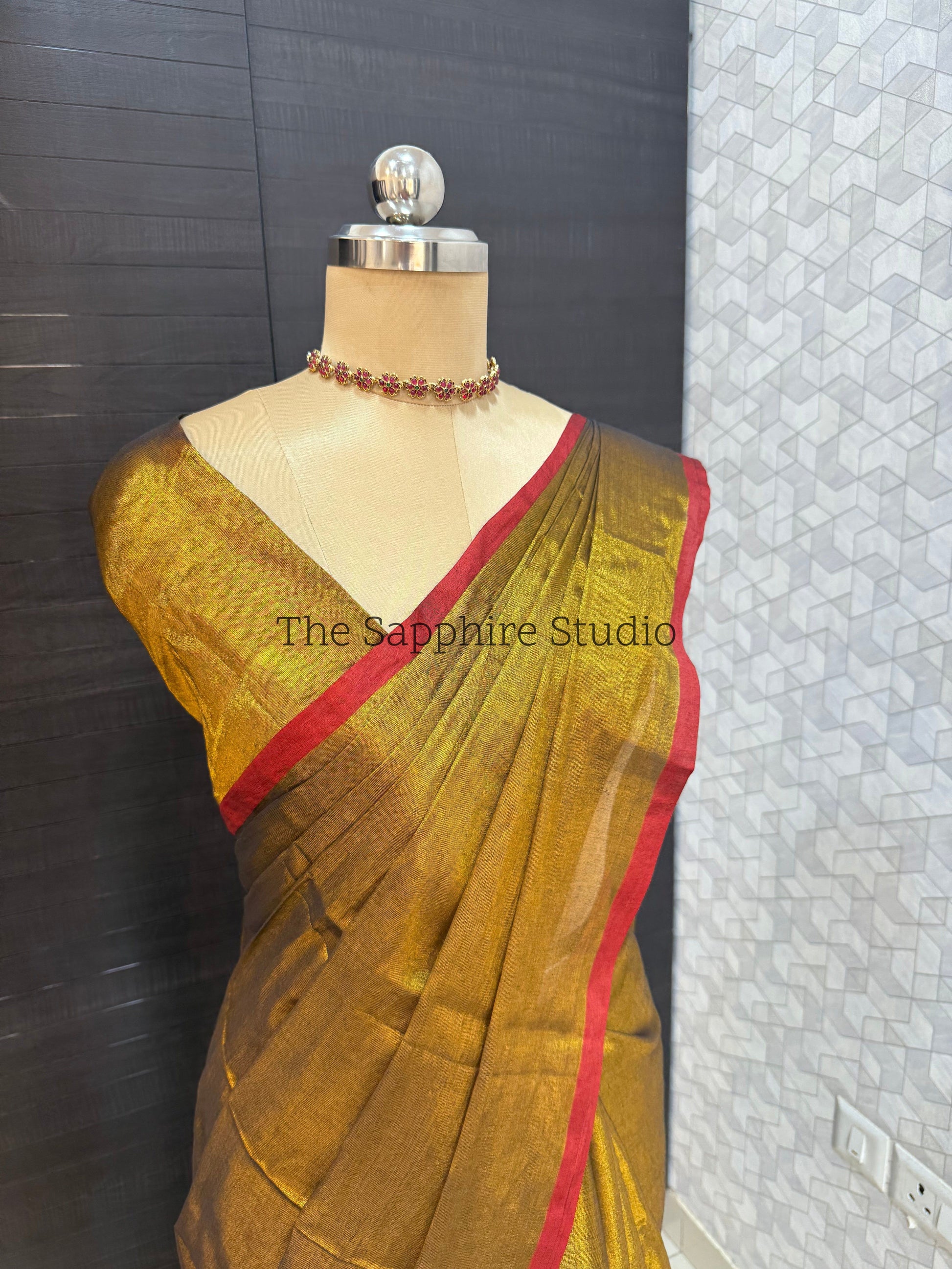 Raga Tissue Golden with maroon border Saree
