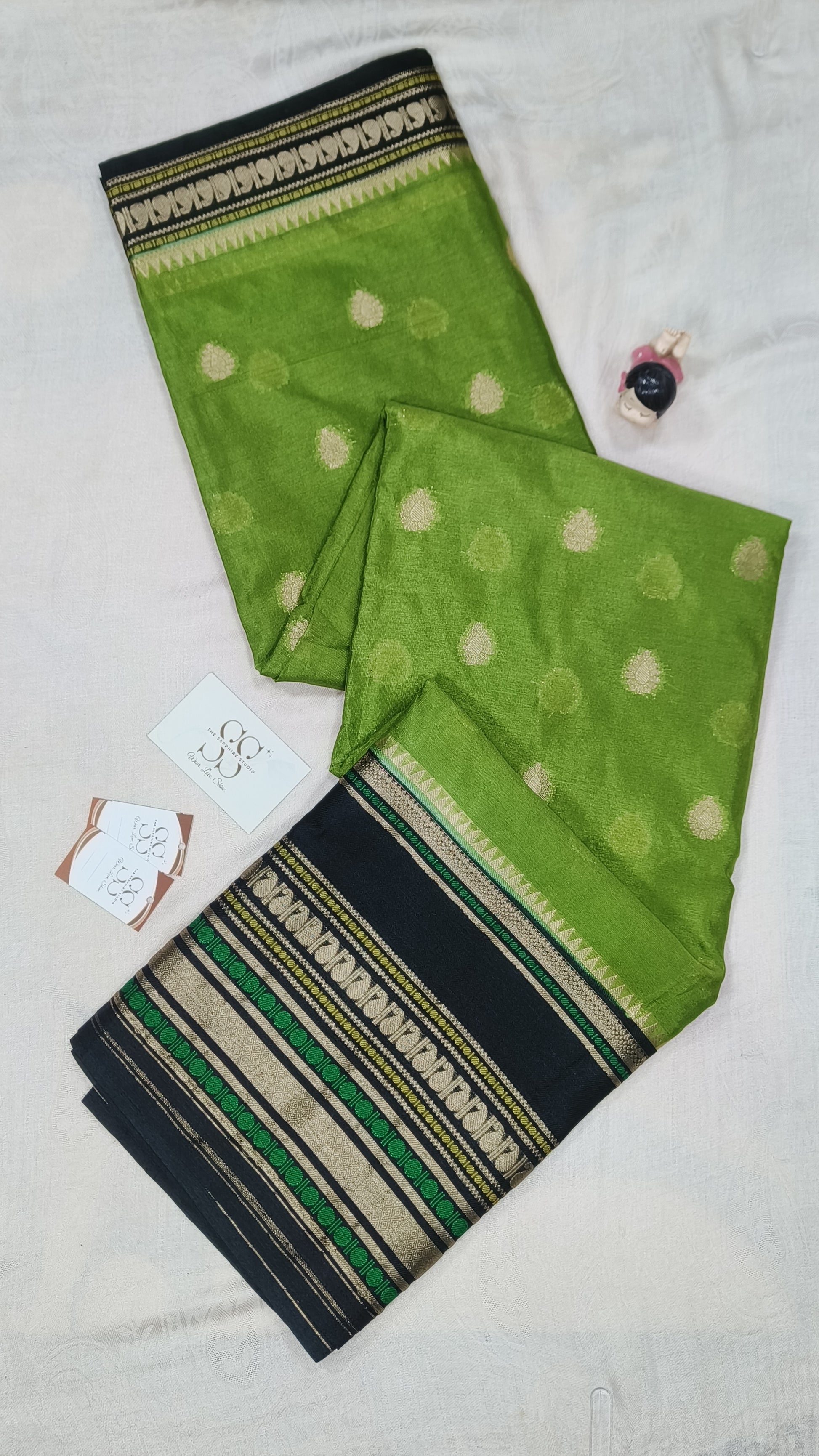 Green & Black Banarasi Chiniya Silk Saree with Zari Border