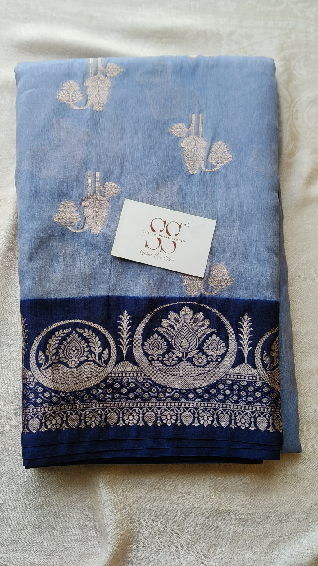 Blue Banarasi Georgette Saree with Navy Border & Silver Zari