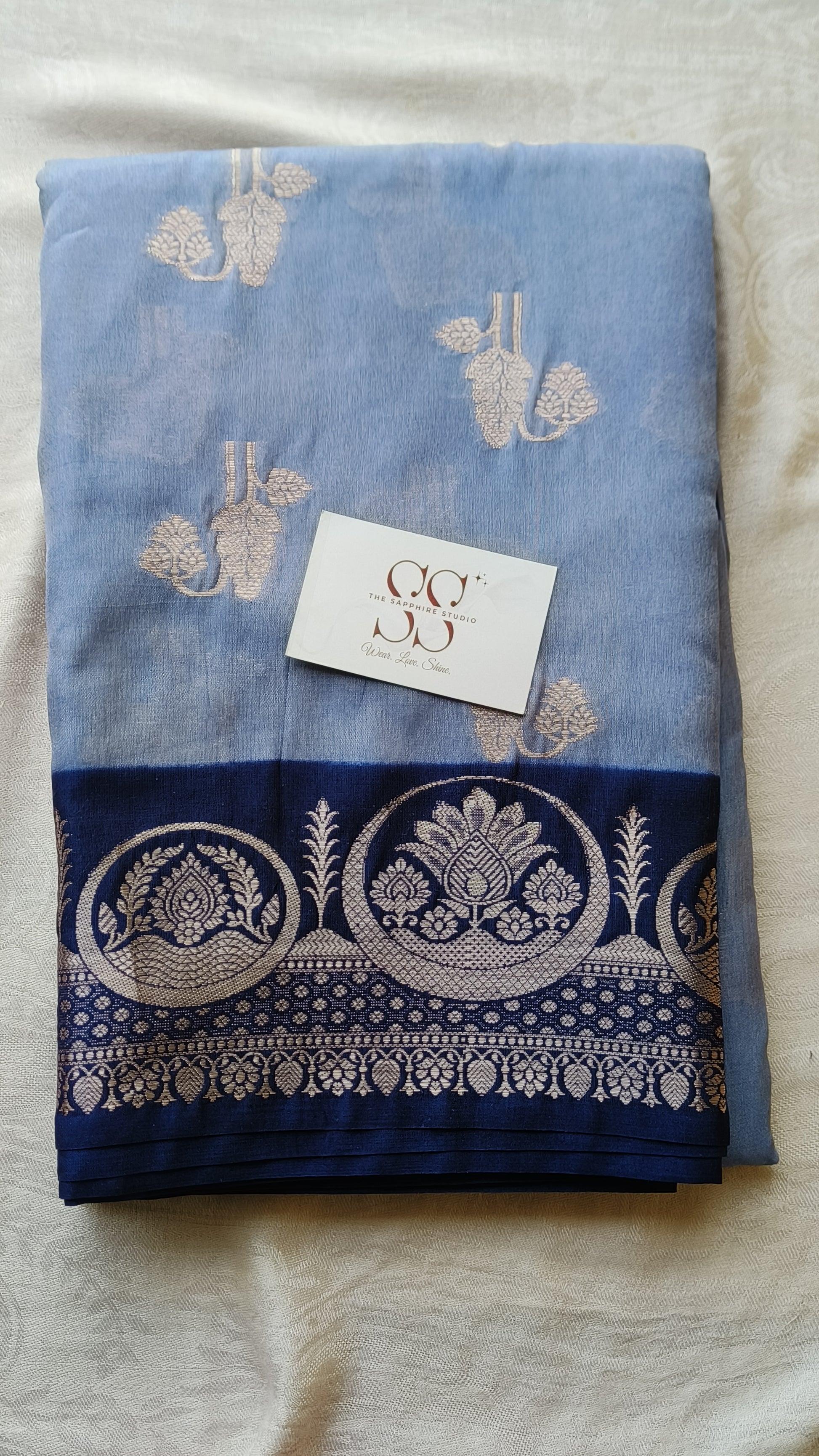 Blue Banarasi Georgette Saree with Navy Border & Silver Zari
