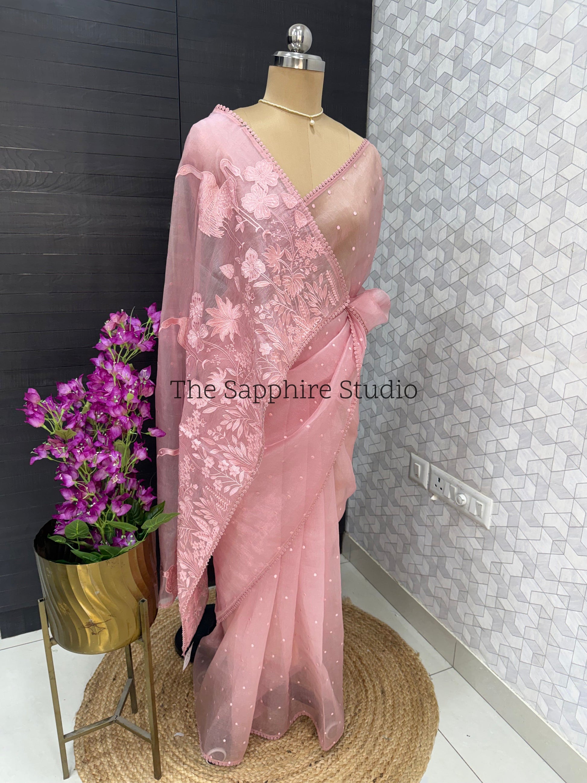 Blush Pink Flamingo Bloom – Appliqué Organza Saree