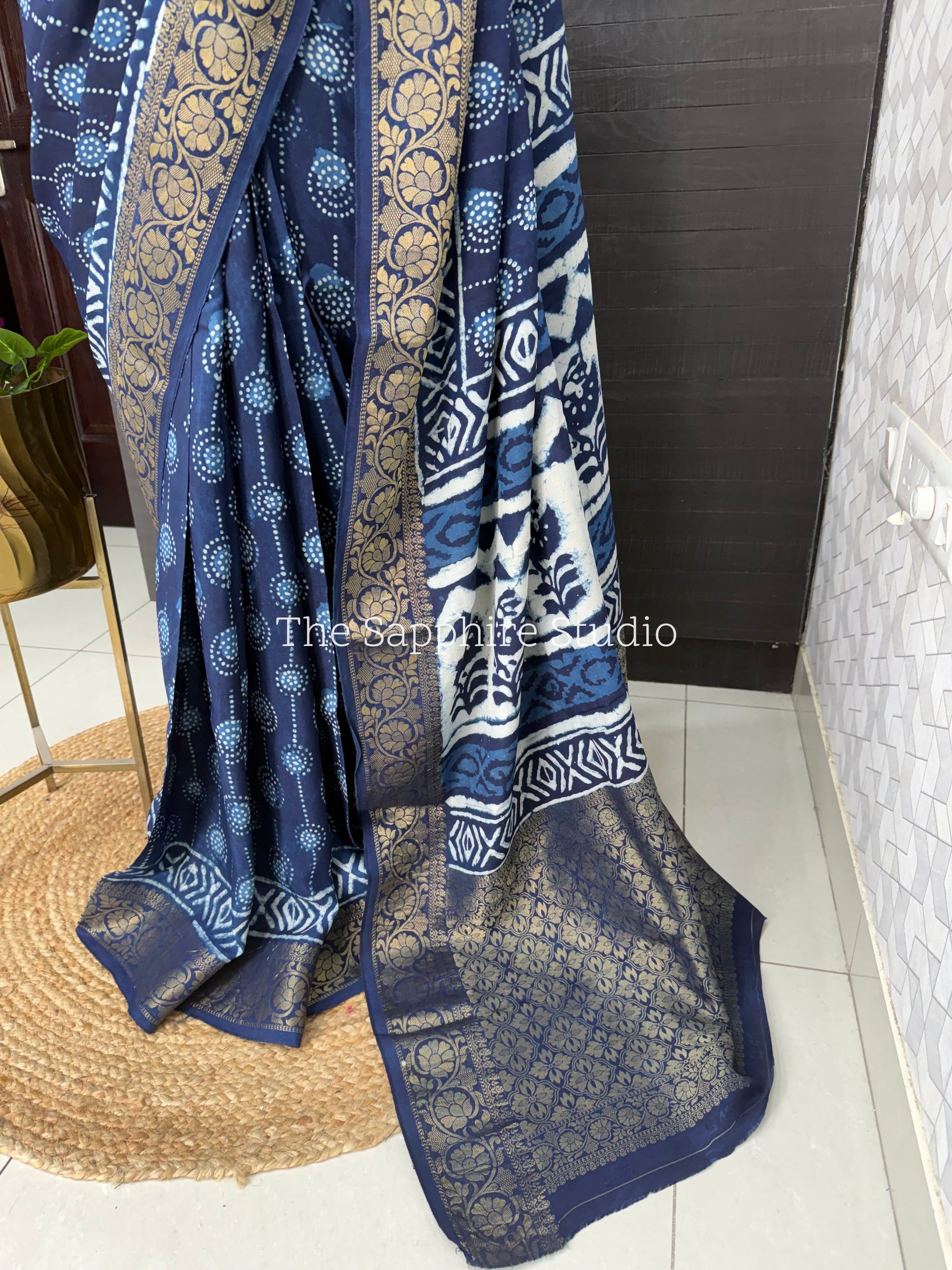indigo cotton silk saree with Dabbu print and zari border, daily wear office saree India, elegant traditional saree for pooja and small functions