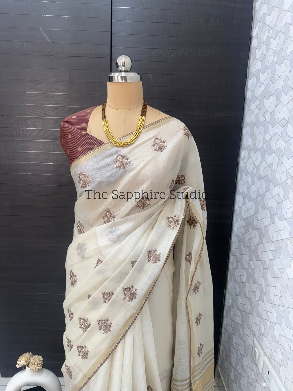 Onam/ Vishu Tissue Saree with Embroidery - Floral - Brown (Comes with contrast brown blouse)