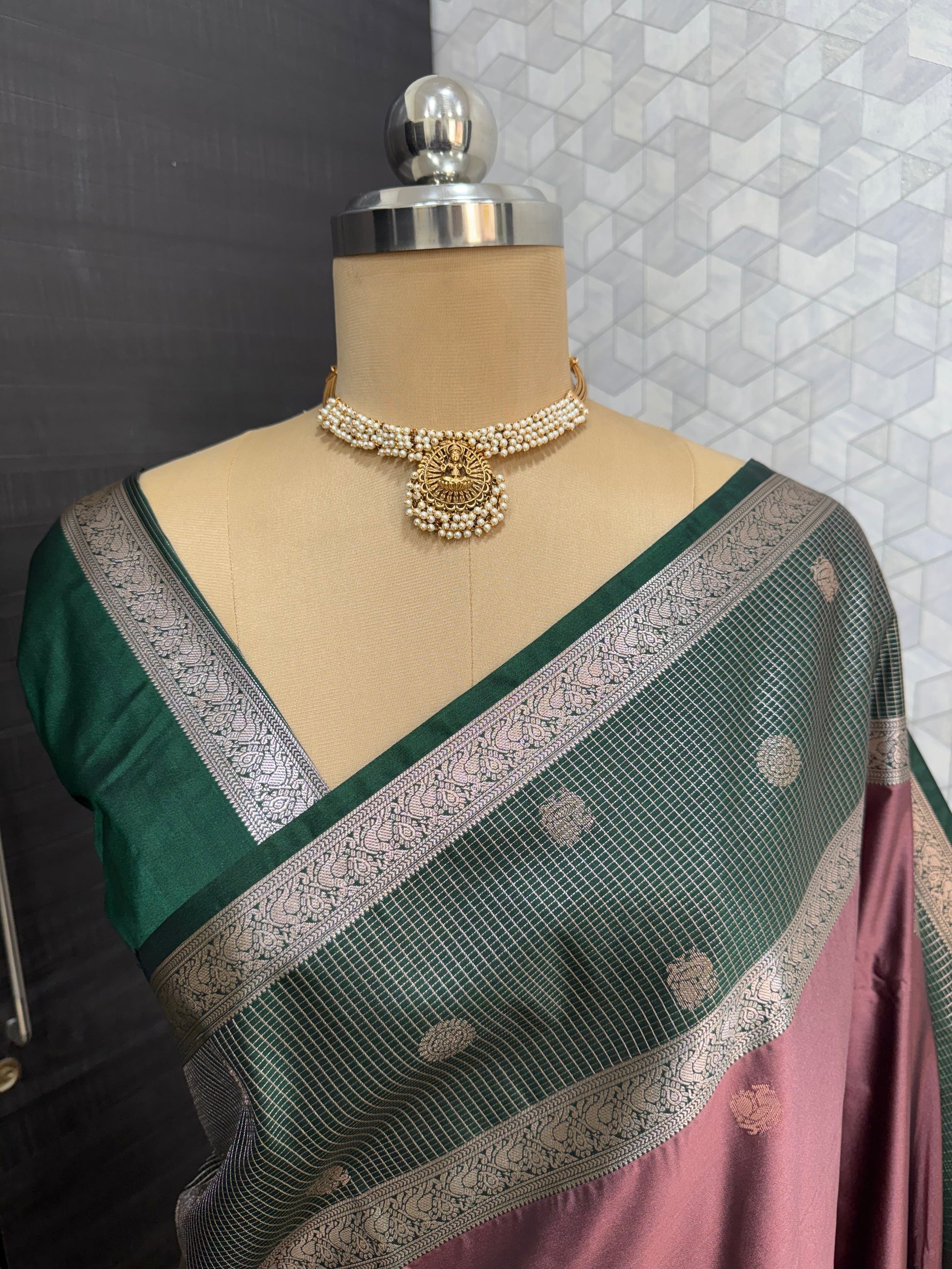 Kanchipuram Silver Zari Mauve saree with green border