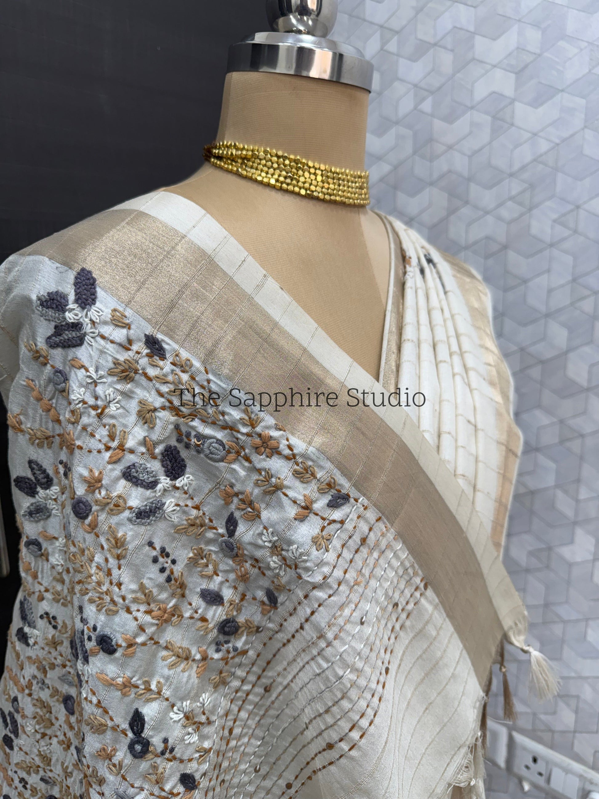 Onam/Vishu Tussar Saree with Hand Embroidery & Gold Border with contrast navy blue blouse piece