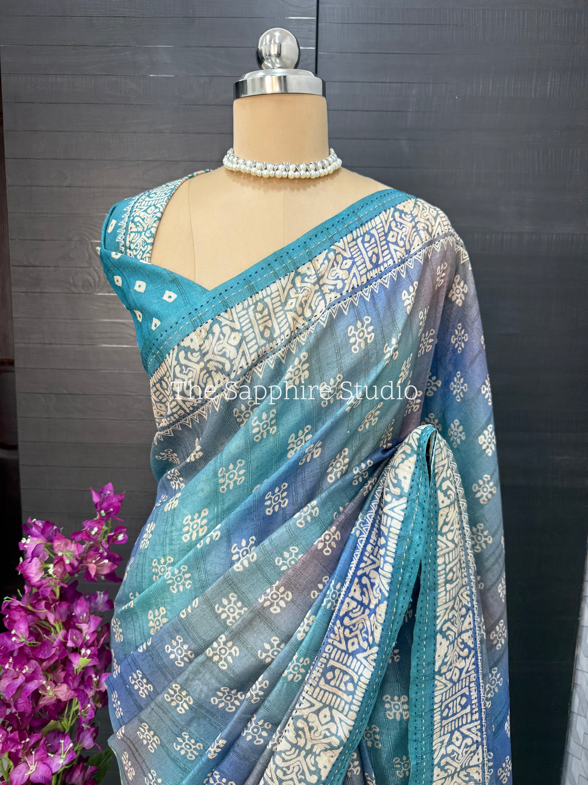 Teal Mist Tussar Saree with Sea Green Contrast Blouse