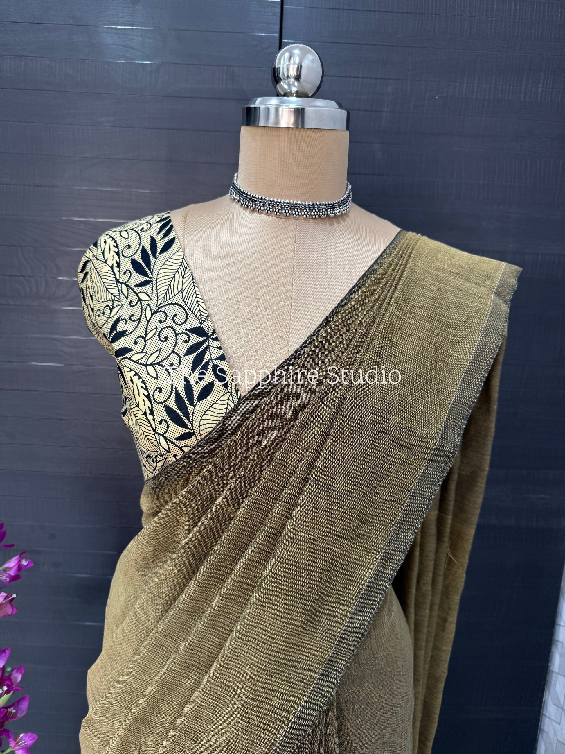 Beige Sand khadi cotton saree with Kalamkari Contrast Blouse