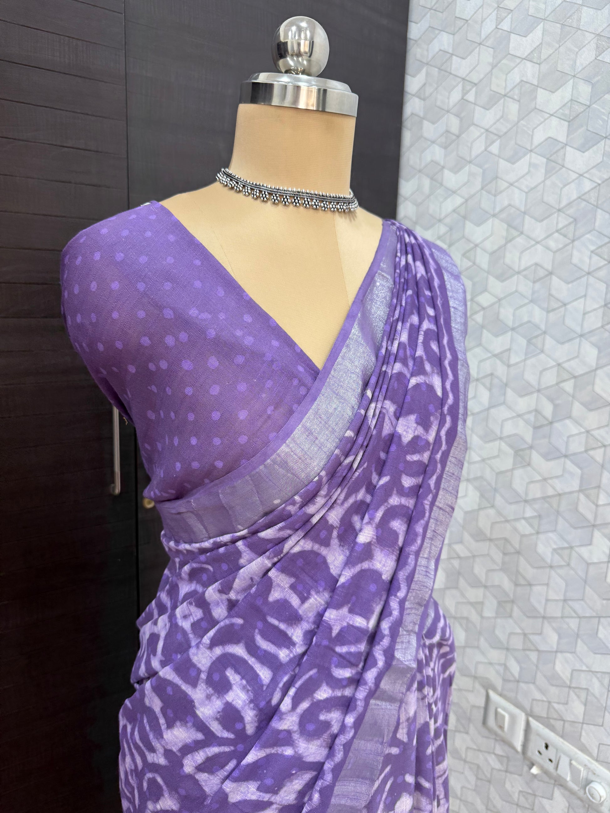 Purple Linen Bagru Saree with Running Blouse