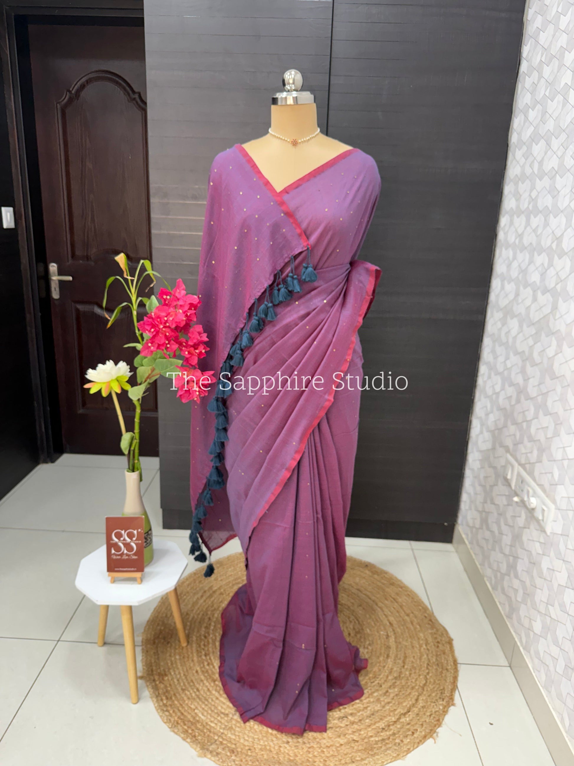 Deep Purple Mul Mul Cotton Saree with Contrast Ready made Blouse