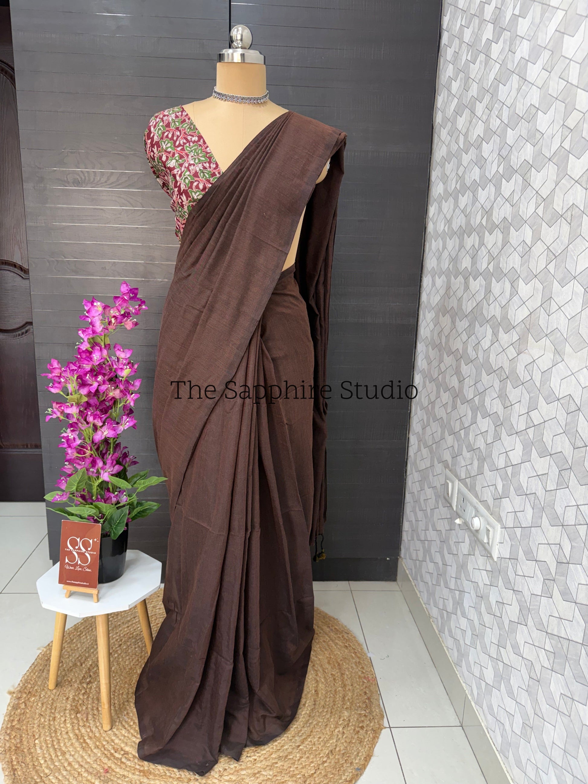 Chocolate Brown khadi cotton saree with Floral Contrast Blouse