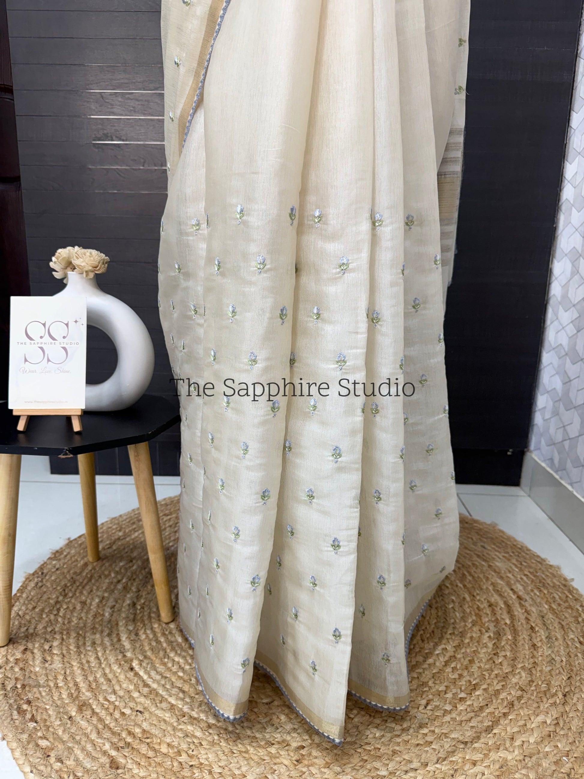 Onam/ Vishu Tissue Saree with Embroidery - small flower work - Light Blue (Comes with contrast blue blouse)