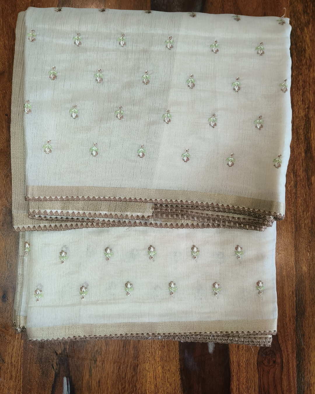 Onam Tissue Saree with Embroidery - small flower work - Brown