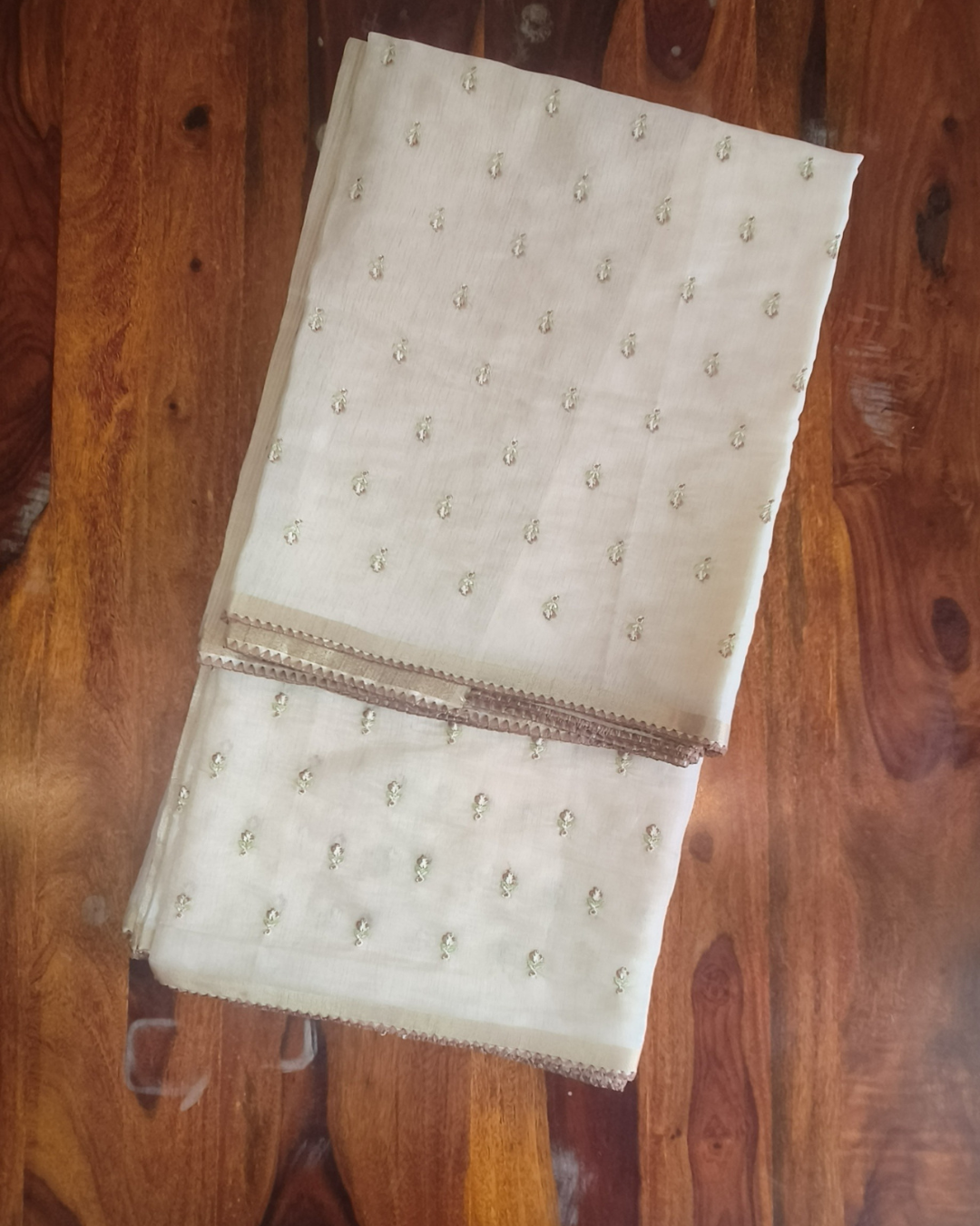 Onam Tissue Saree with Embroidery - small flower work - Brown