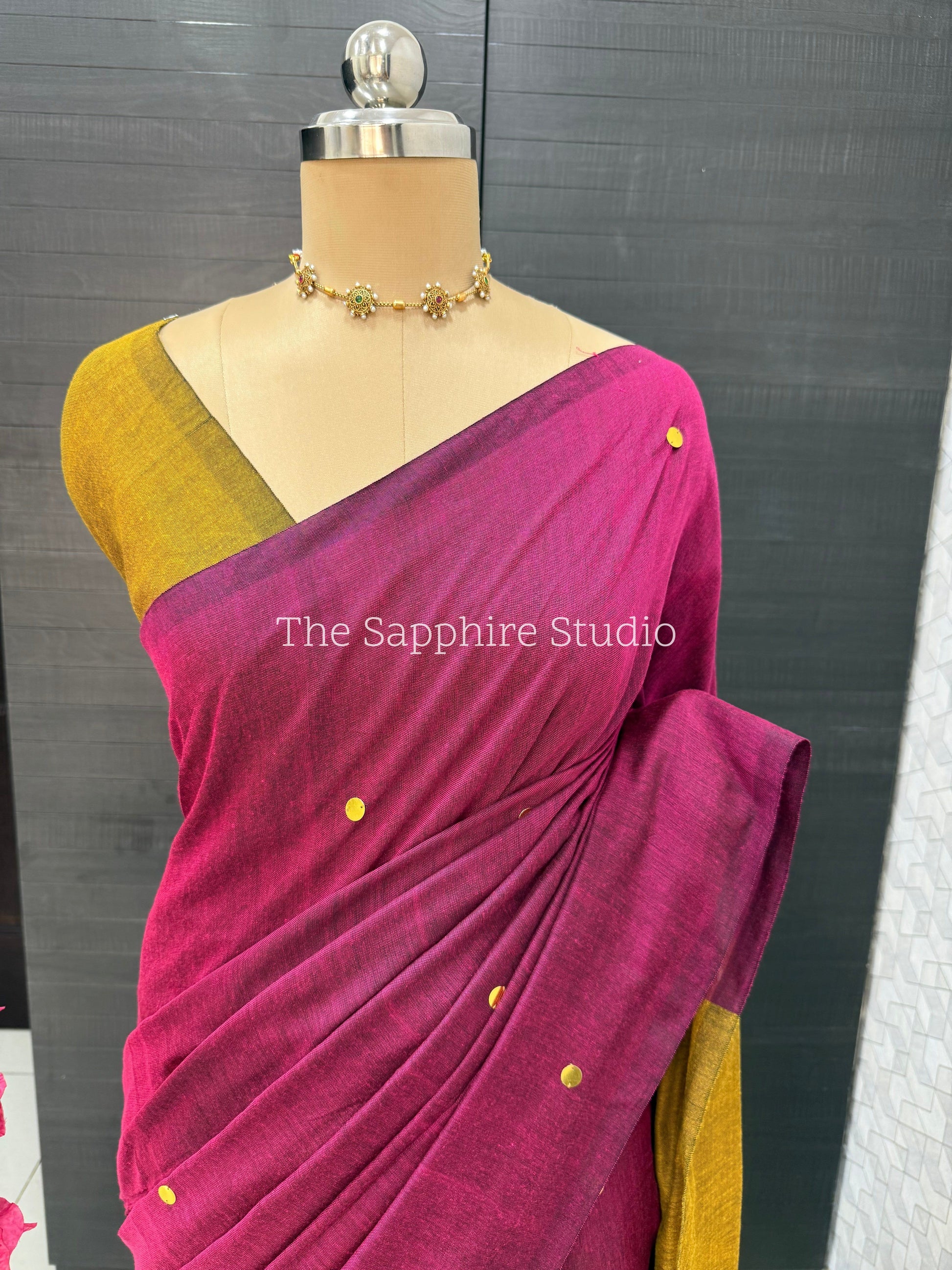 Rani Pink & Mustard Khadi Cotton Saree