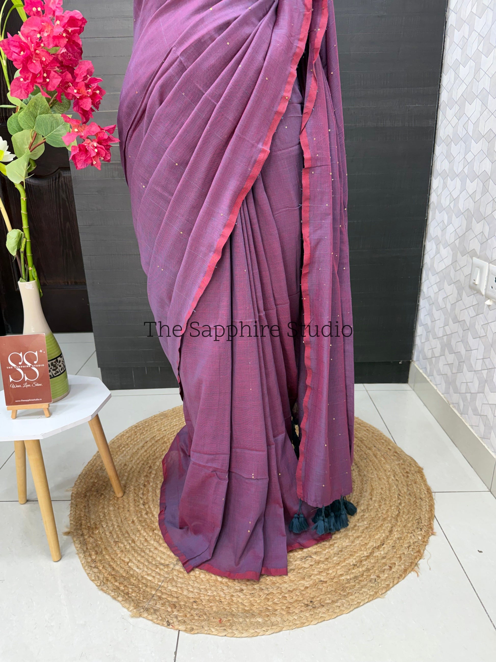Deep Purple Mul Mul Cotton Saree with Contrast Ready made Blouse