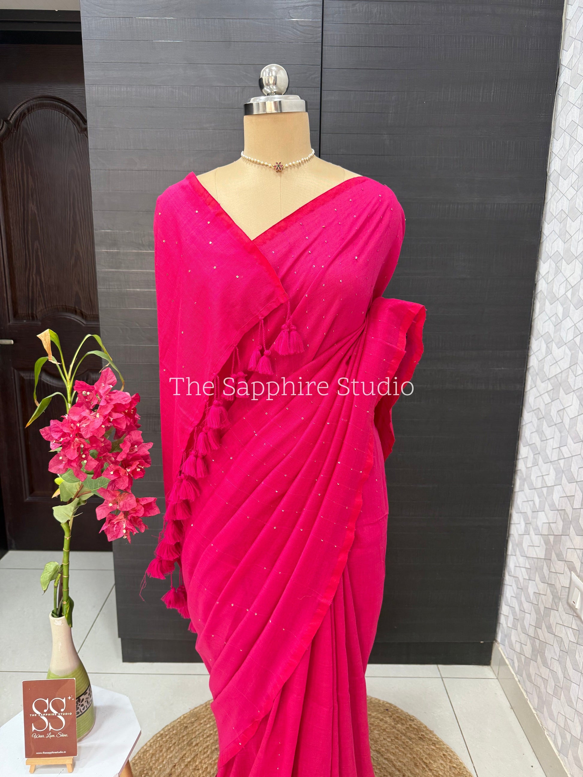 Deep Rani Pink Mul Mul Cotton Saree with Tassels and Ready Made Blouse