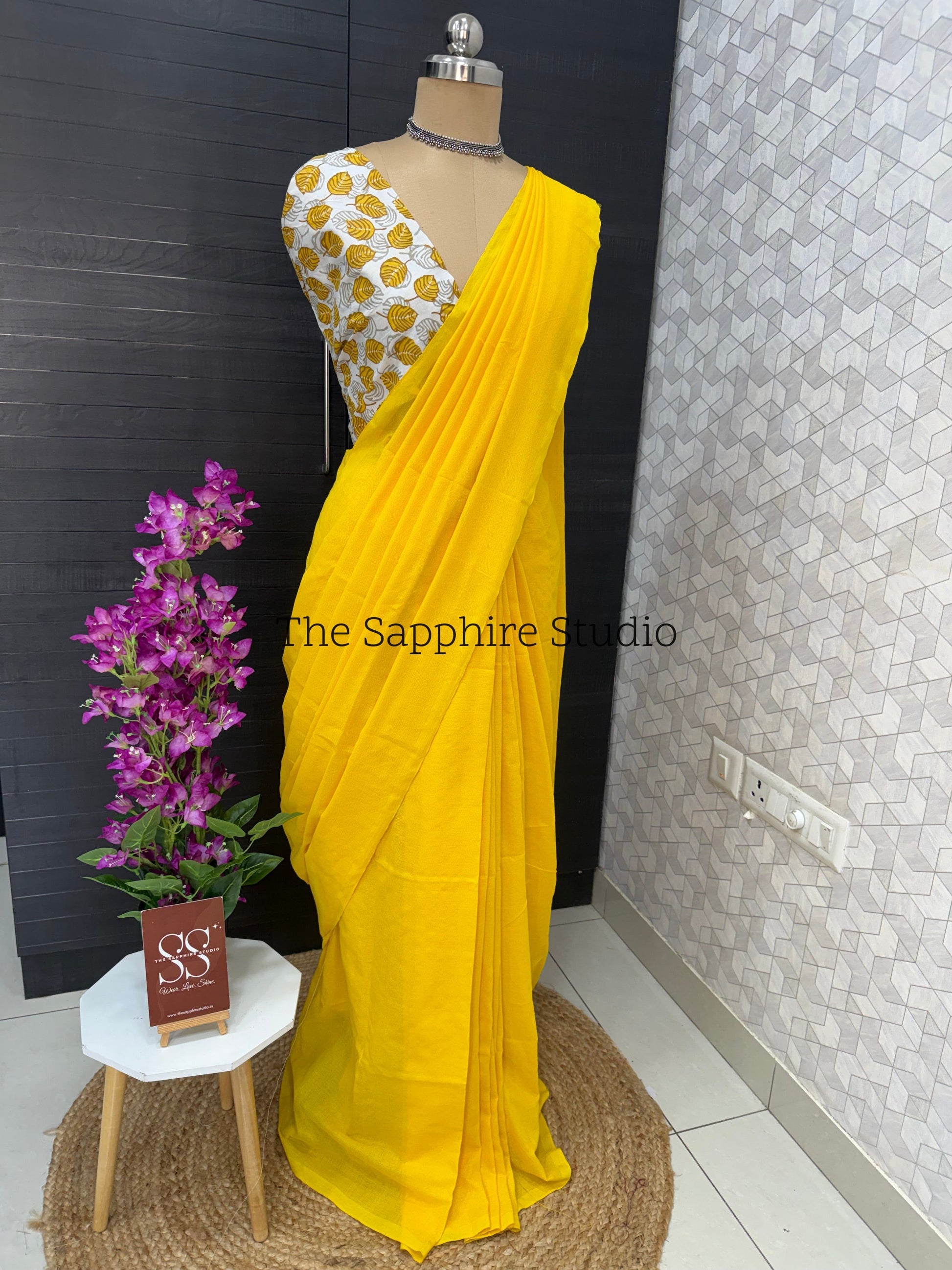 Mustard Yellow khadi cotton saree with Butta Contrast Blouse